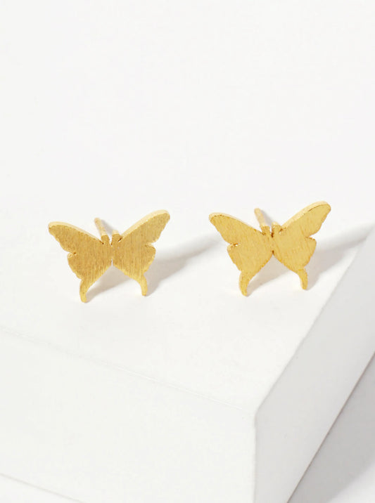 Spiritual-Theme 18K-Gold-Dipped Brushed-Texture Butterfly Stud Earrings
