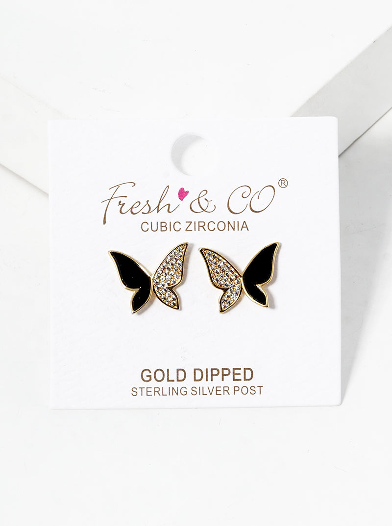 Spiritual-Theme 18K-Gold-Dipped CZ Pave Butterfly Post Stud Earrings