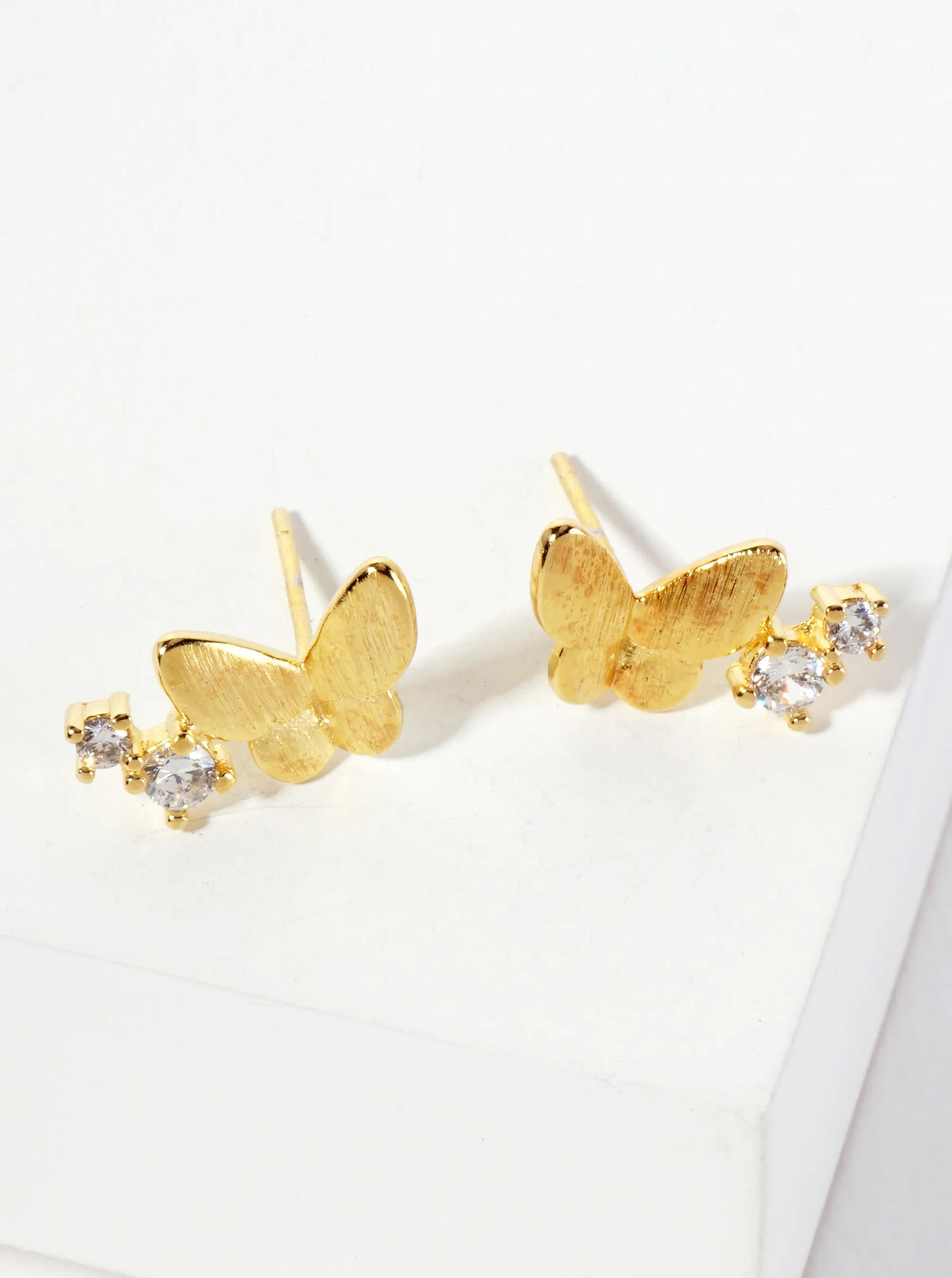 Spiritual-Theme 18K-Gold-Dipped Cubic-Zirconia Brushed-texture Butterfly Stud Earrings