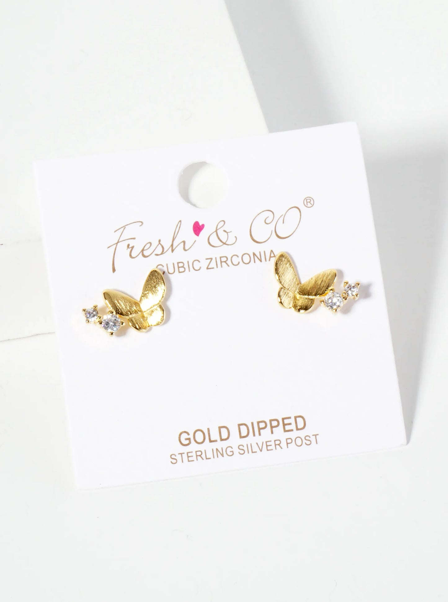 Spiritual-Theme 18K-Gold-Dipped Cubic-Zirconia Brushed-texture Butterfly Stud Earrings