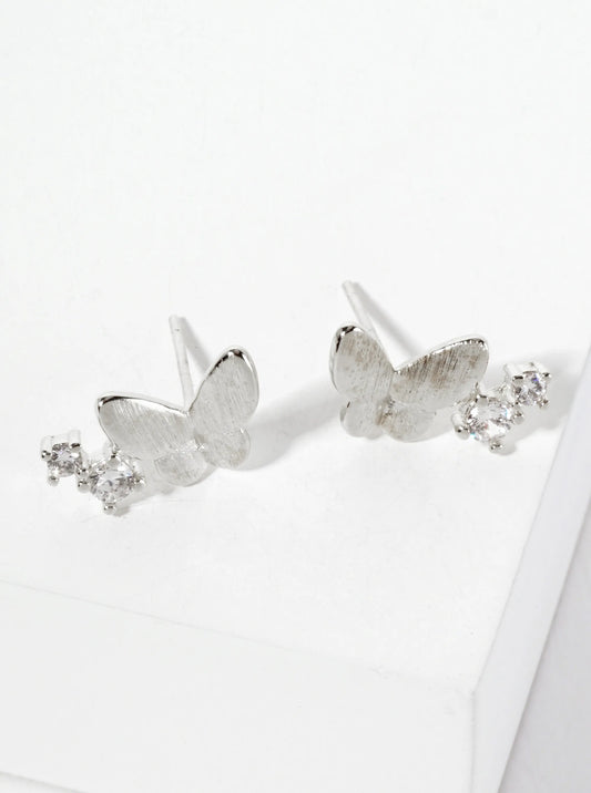Spiritual-Theme 18K-Gold-Dipped Cubic-Zirconia Brushed-texture Butterfly Stud Earrings
