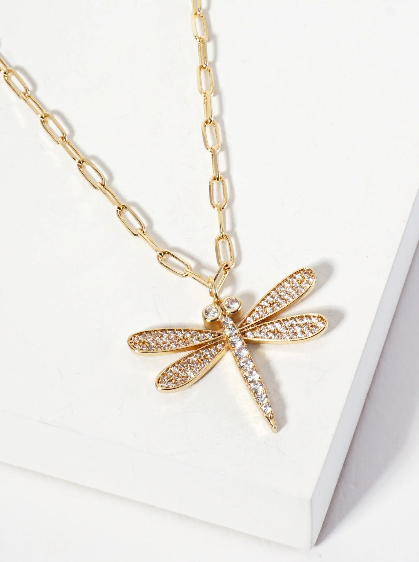 Spiritual-Theme 18K-Gold-Dipped Pave-Set Cubic-Zirconia Dragonfly Pendant Necklace