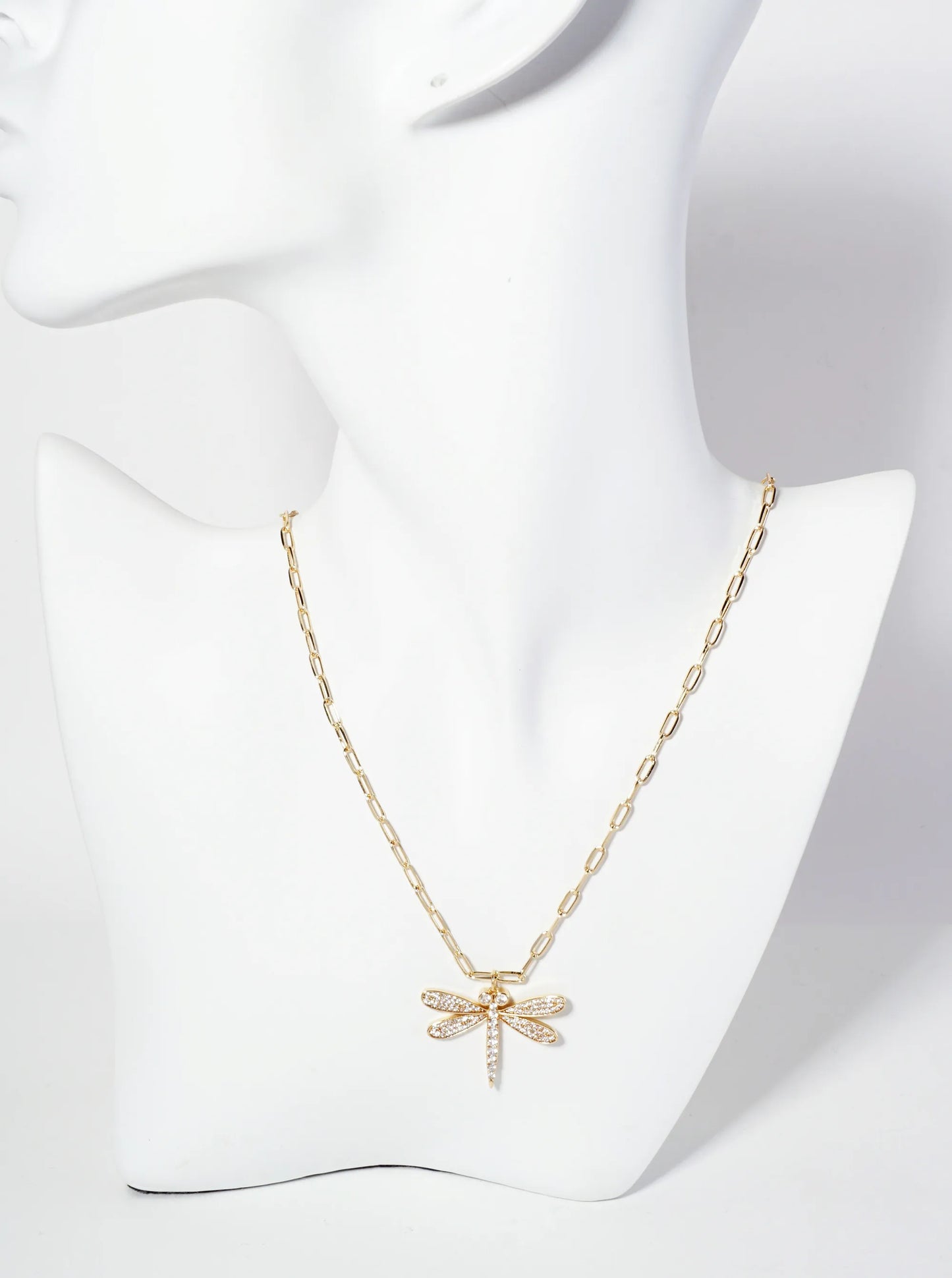 Spiritual-Theme 18K-Gold-Dipped Pave-Set Cubic-Zirconia Dragonfly Pendant Necklace