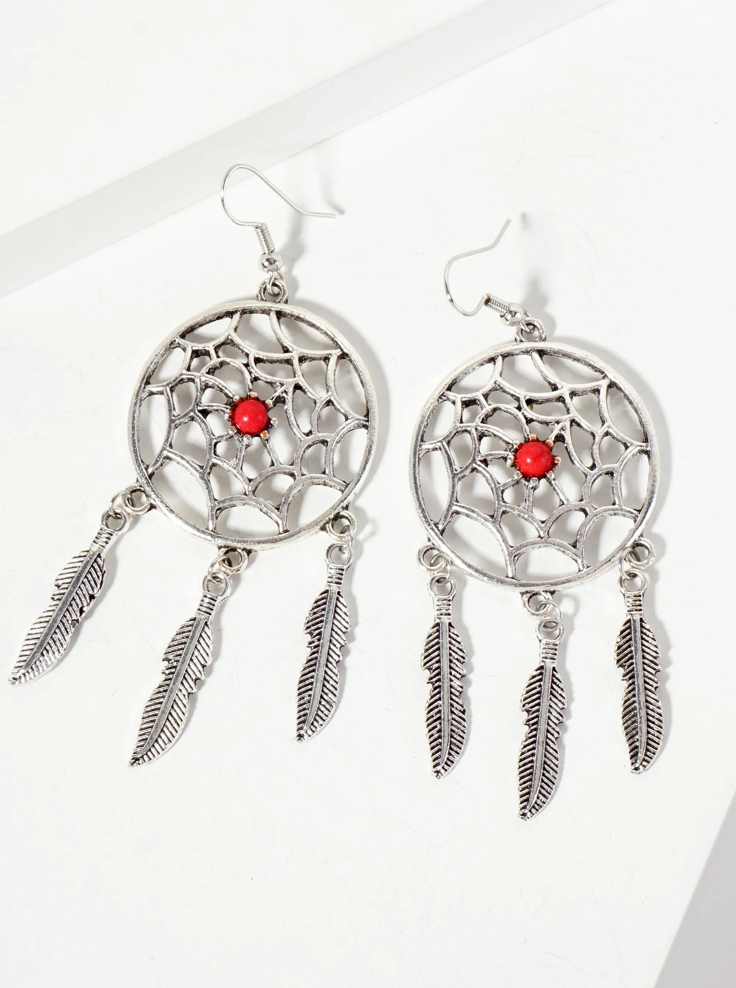 Spiritual-Theme Boho Semi-Precious Natural-Stone Feather Drop Dreamcatcher Dangle Earrings