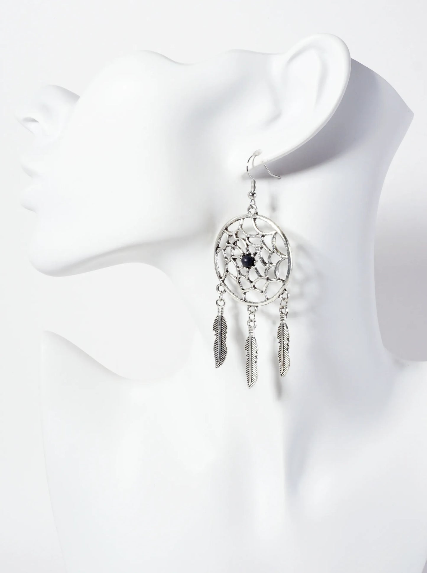 Spiritual-Theme Boho Semi-Precious Natural-Stone Feather Drop Dreamcatcher Dangle Earrings