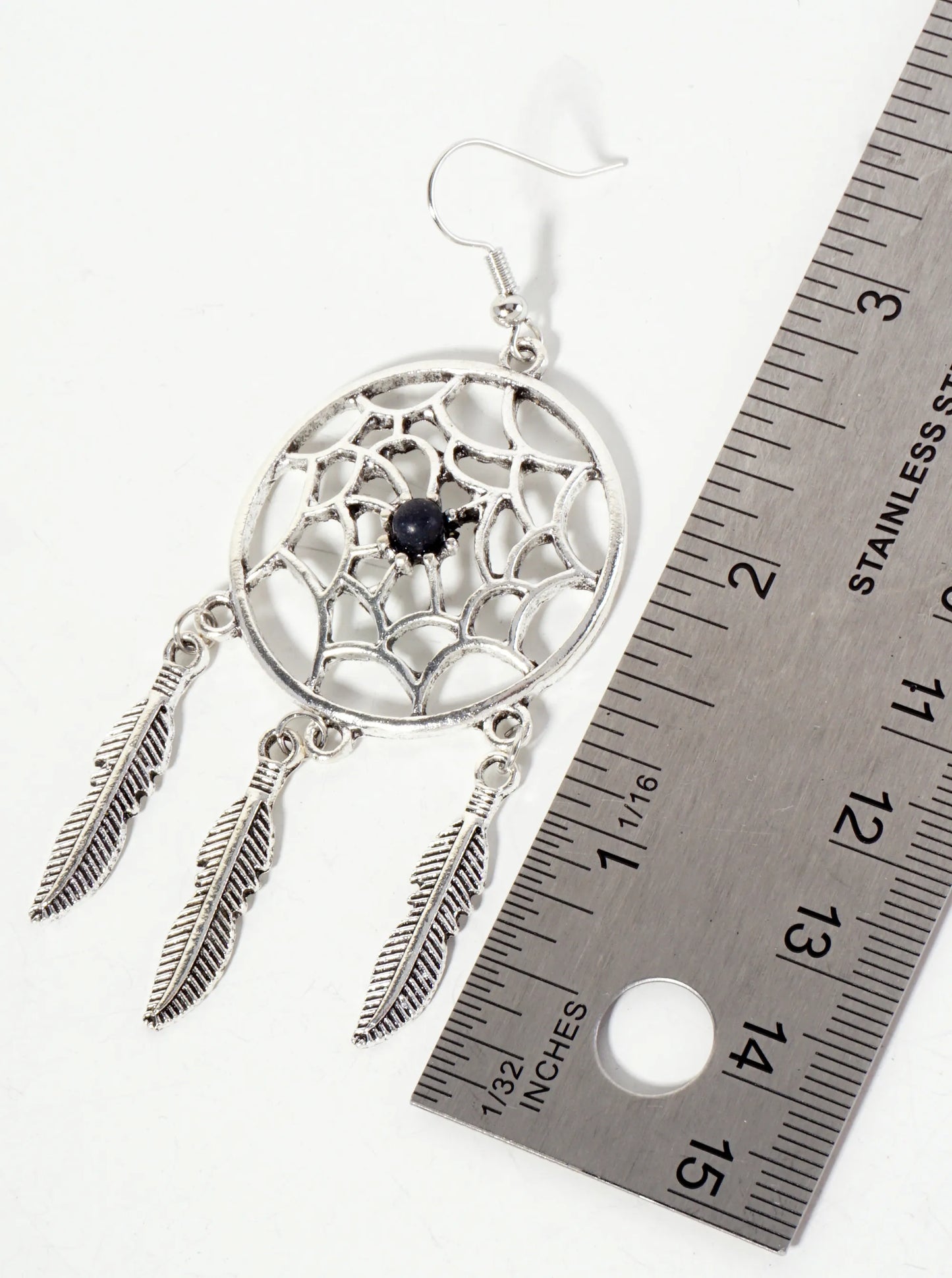 Spiritual-Theme Boho Semi-Precious Natural-Stone Feather Drop Dreamcatcher Dangle Earrings