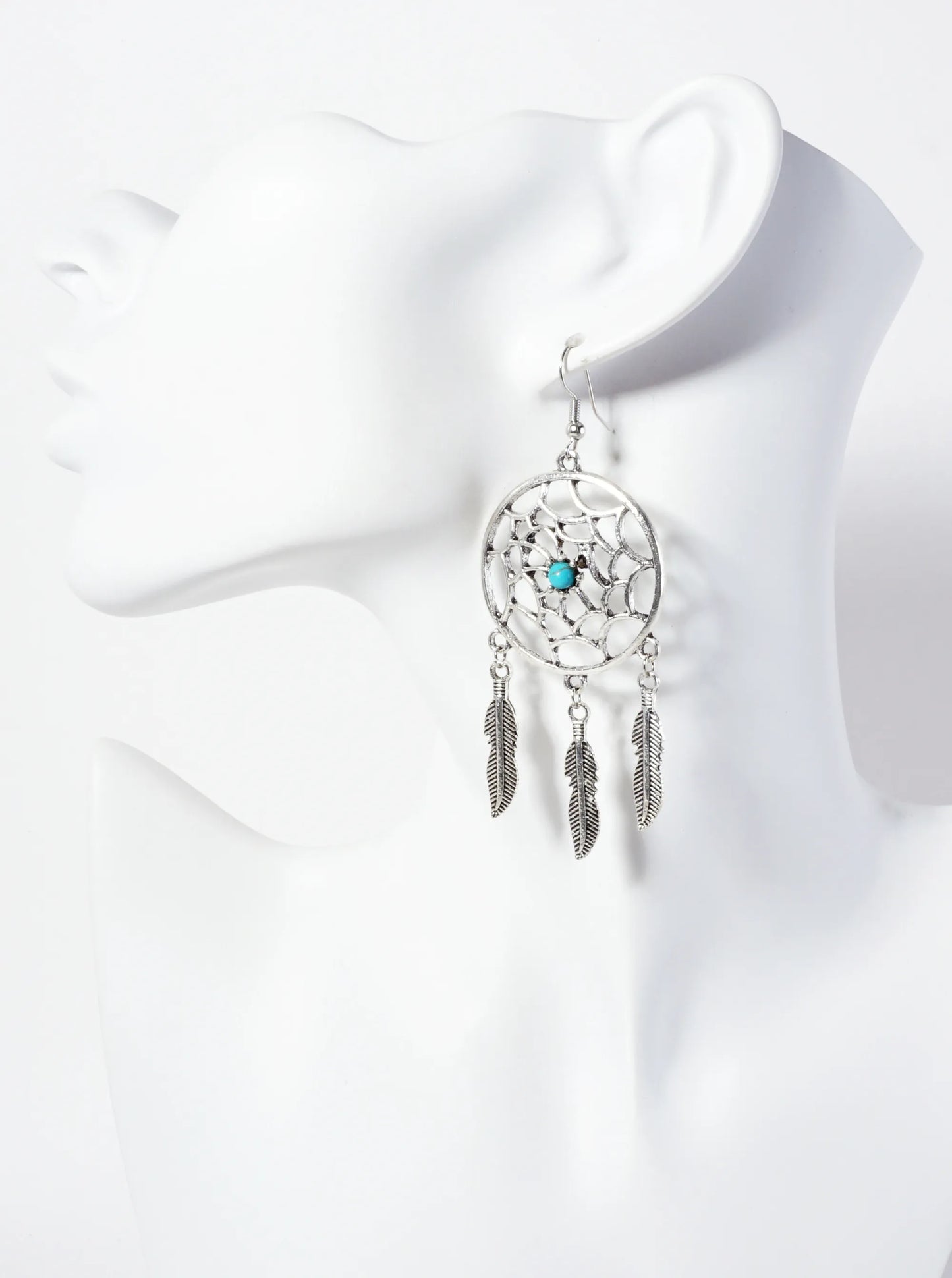 Spiritual-Theme Boho Semi-Precious Natural-Stone Feather Drop Dreamcatcher Dangle Earrings