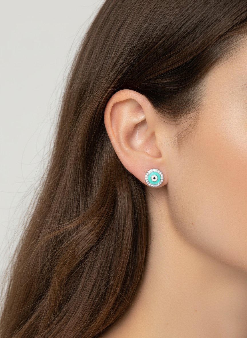 Spiritual-Theme Crystal-Pave 13mm Evil-Eye Stud Earrings