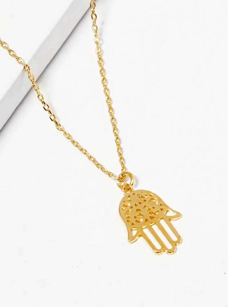 Spiritual-Theme Filigree Hamsa Pendant 18K-Gold-Dipped Necklace
