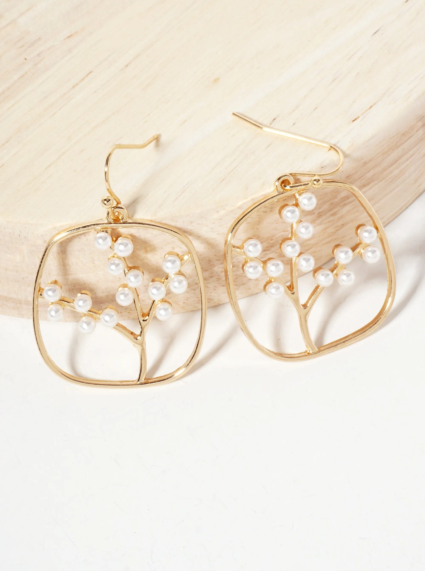 Spiritual-Theme Pearl-Beaded Tree-of-Life Square Drop Earrings