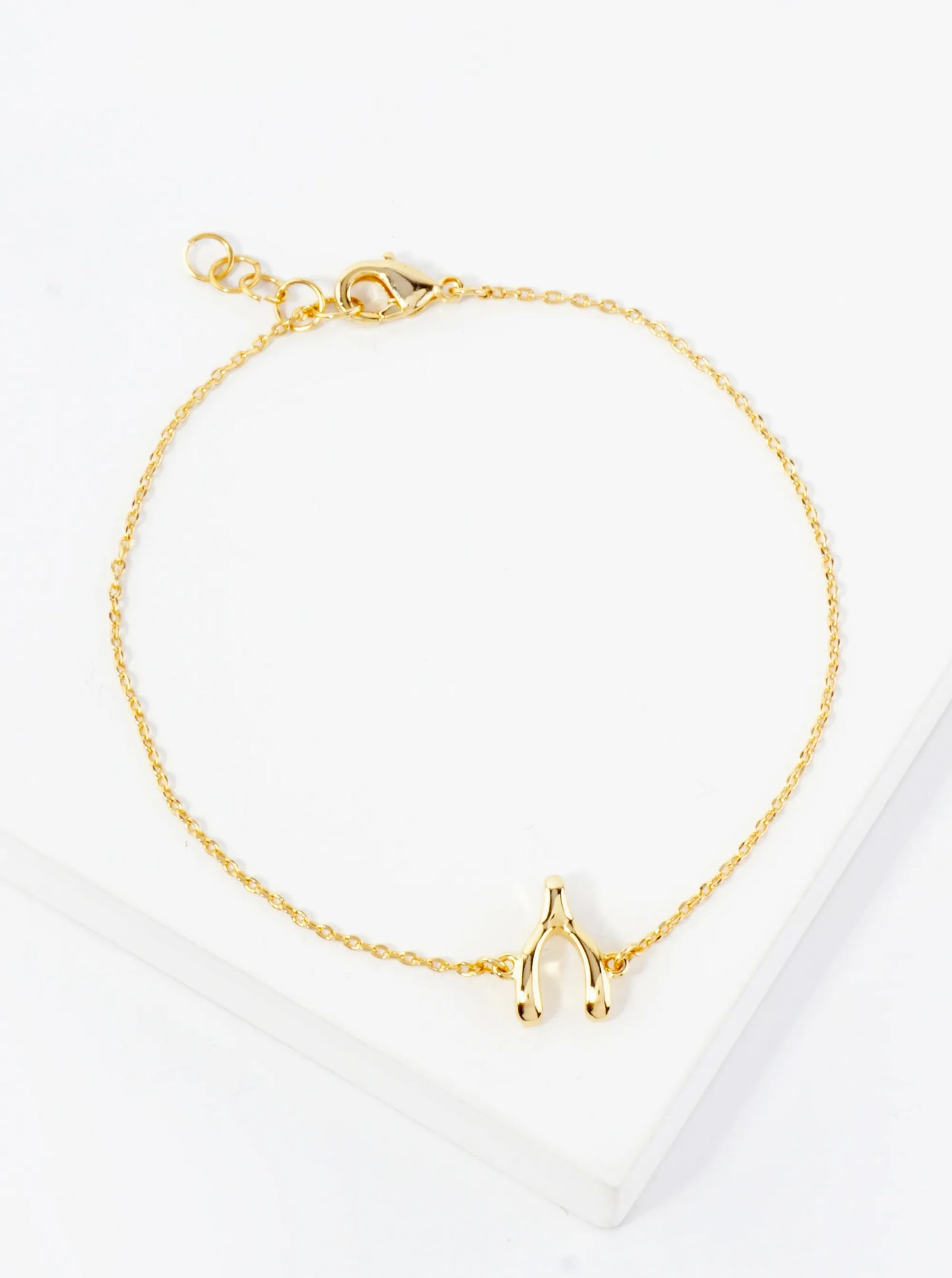Spiritual-Theme Polished Brass Wishbone Accent 18K-Gold-Dipped Chain Bracelet