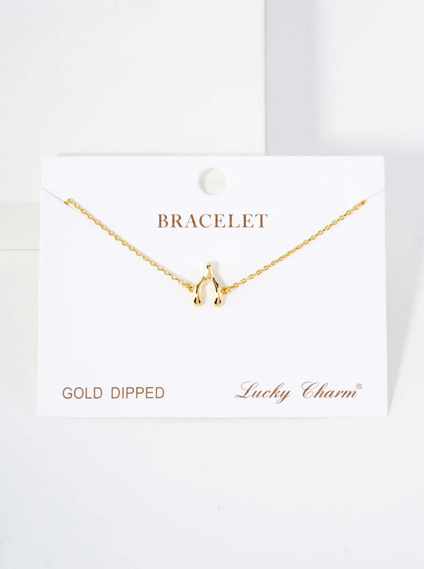 Spiritual-Theme Polished Brass Wishbone Accent 18K-Gold-Dipped Chain Bracelet