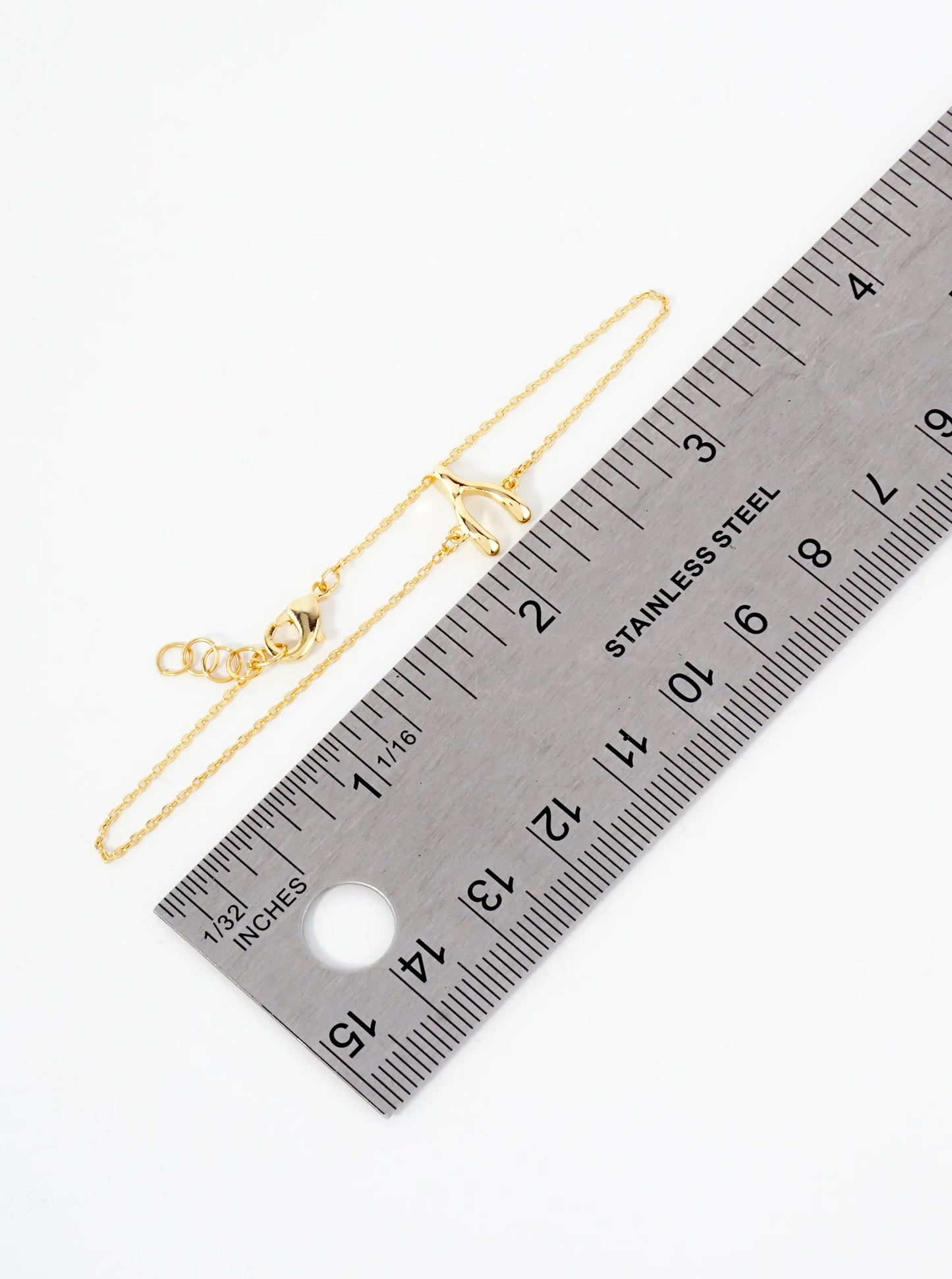 Spiritual-Theme Polished Brass Wishbone Accent 18K-Gold-Dipped Chain Bracelet
