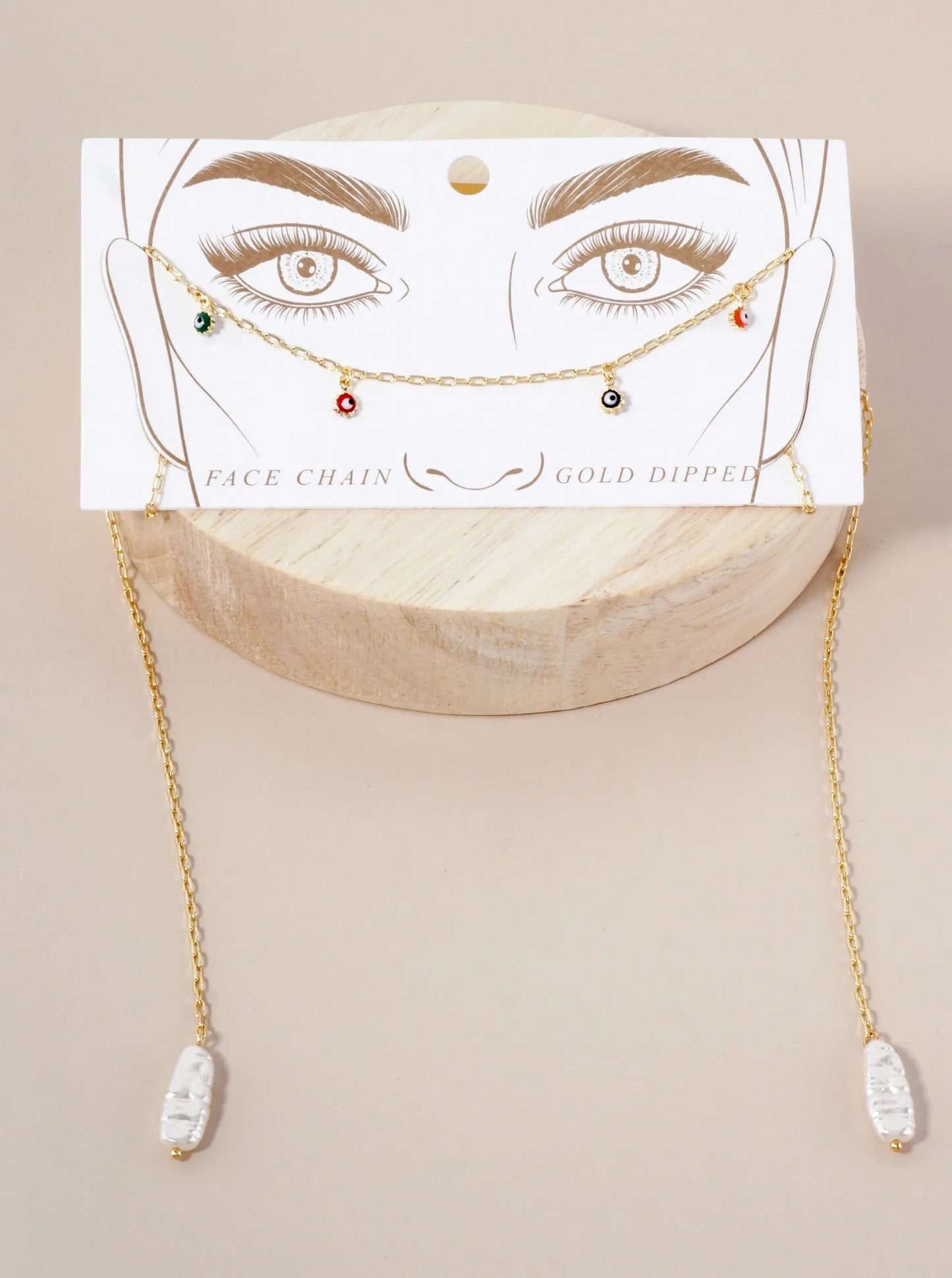 Spiritual-Theme Satellite-Style Evil-Eye Accents Pearl-Drop 18K-Gold-Dipped Brass Face-Chain