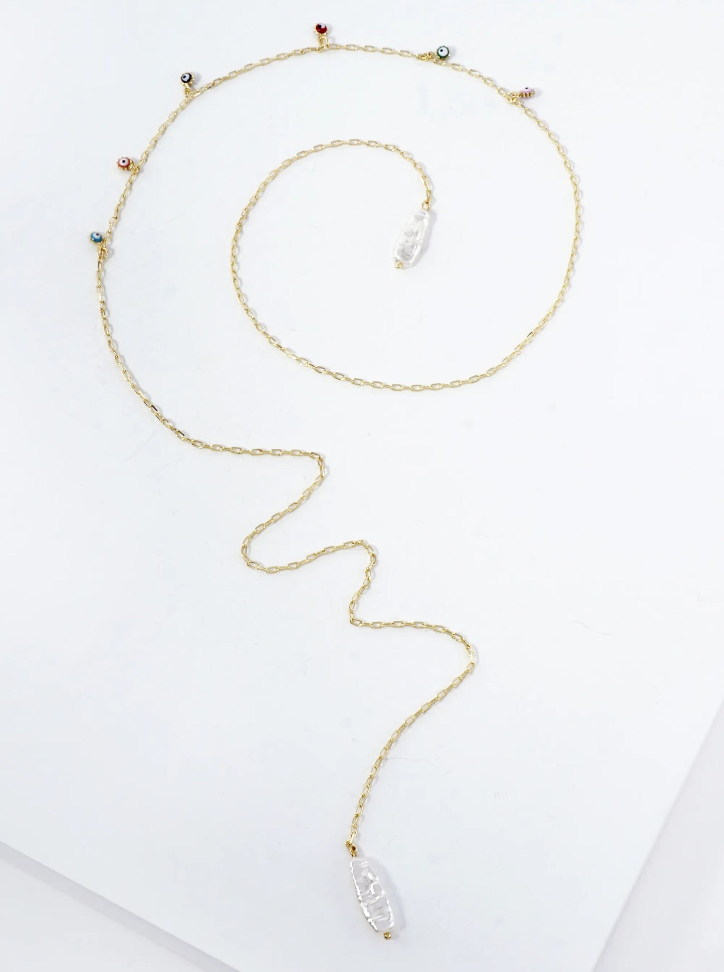 Spiritual-Theme Satellite-Style Evil-Eye Accents Pearl-Drop 18K-Gold-Dipped Brass Face-Chain