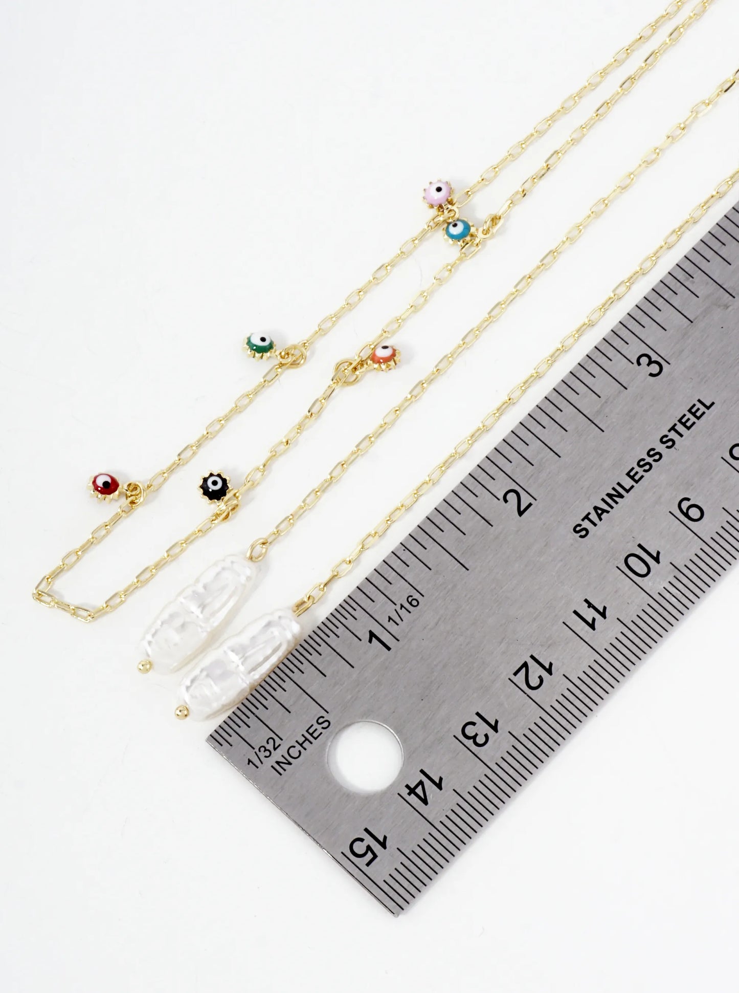 Spiritual-Theme Satellite-Style Evil-Eye Accents Pearl-Drop 18K-Gold-Dipped Brass Face-Chain