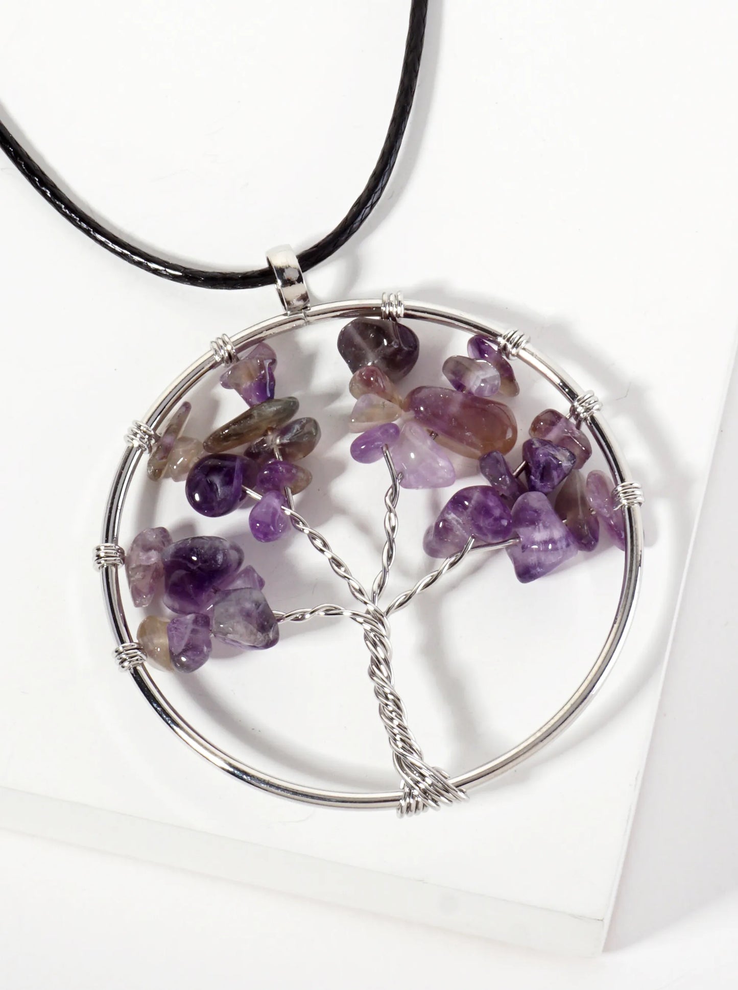 Spiritual-Theme Semi-Precious Natural-Stone Tree-of-Life Pendant Leatherette Necklace