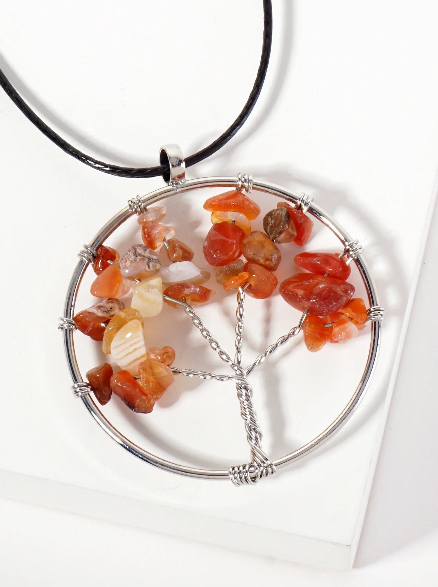 Spiritual-Theme Semi-Precious Natural-Stone Tree-of-Life Pendant Leatherette Necklace