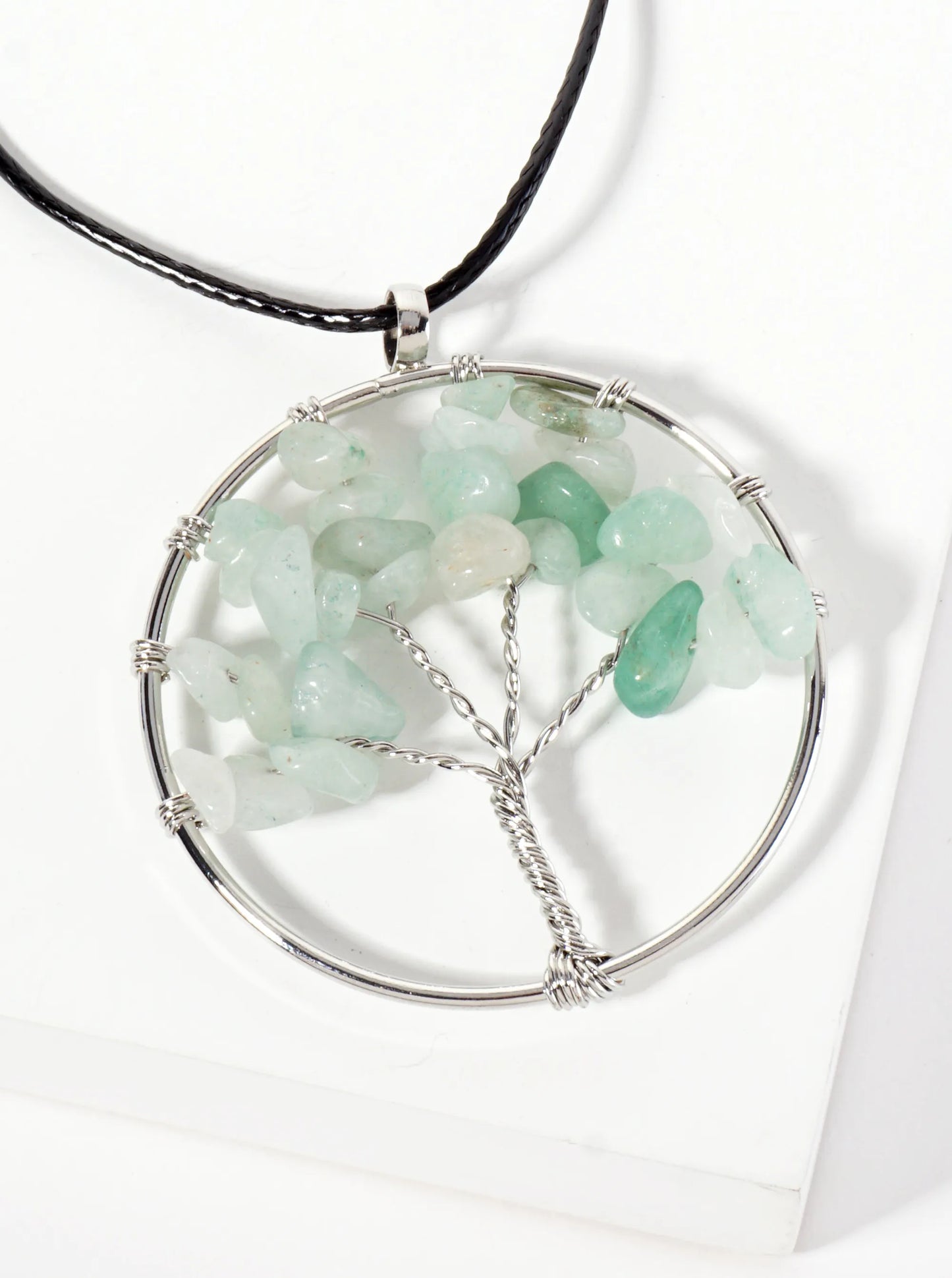 Spiritual-Theme Semi-Precious Natural-Stone Tree-of-Life Pendant Leatherette Necklace