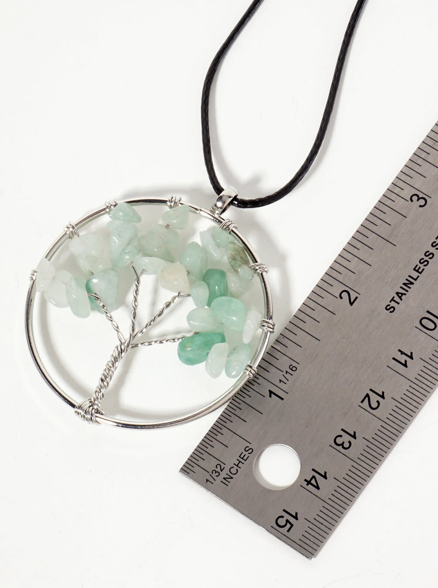 Spiritual-Theme Semi-Precious Natural-Stone Tree-of-Life Pendant Leatherette Necklace