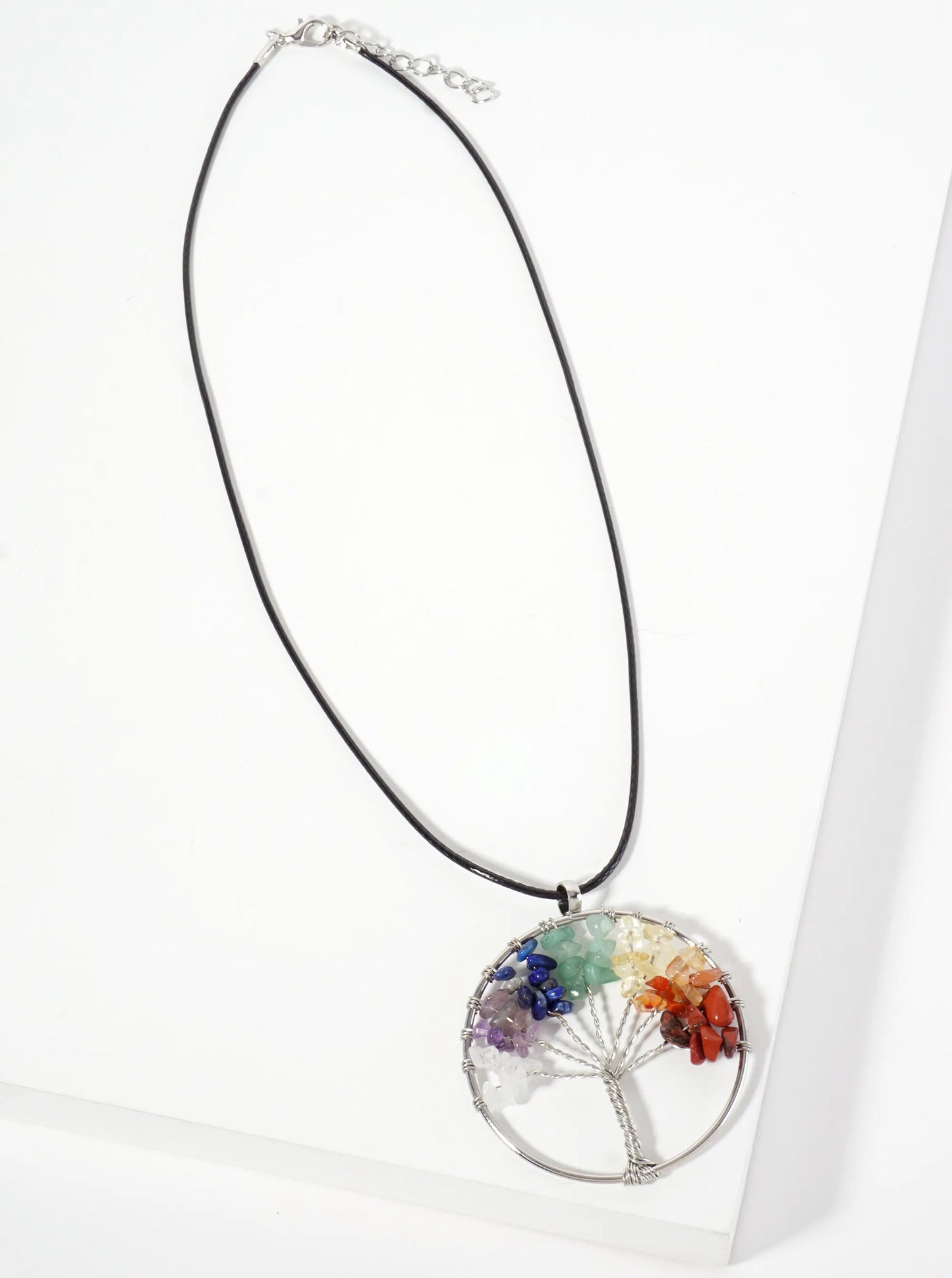 Spiritual-Theme Semi-Precious Natural-Stone Tree-of-Life Pendant Leatherette Necklace