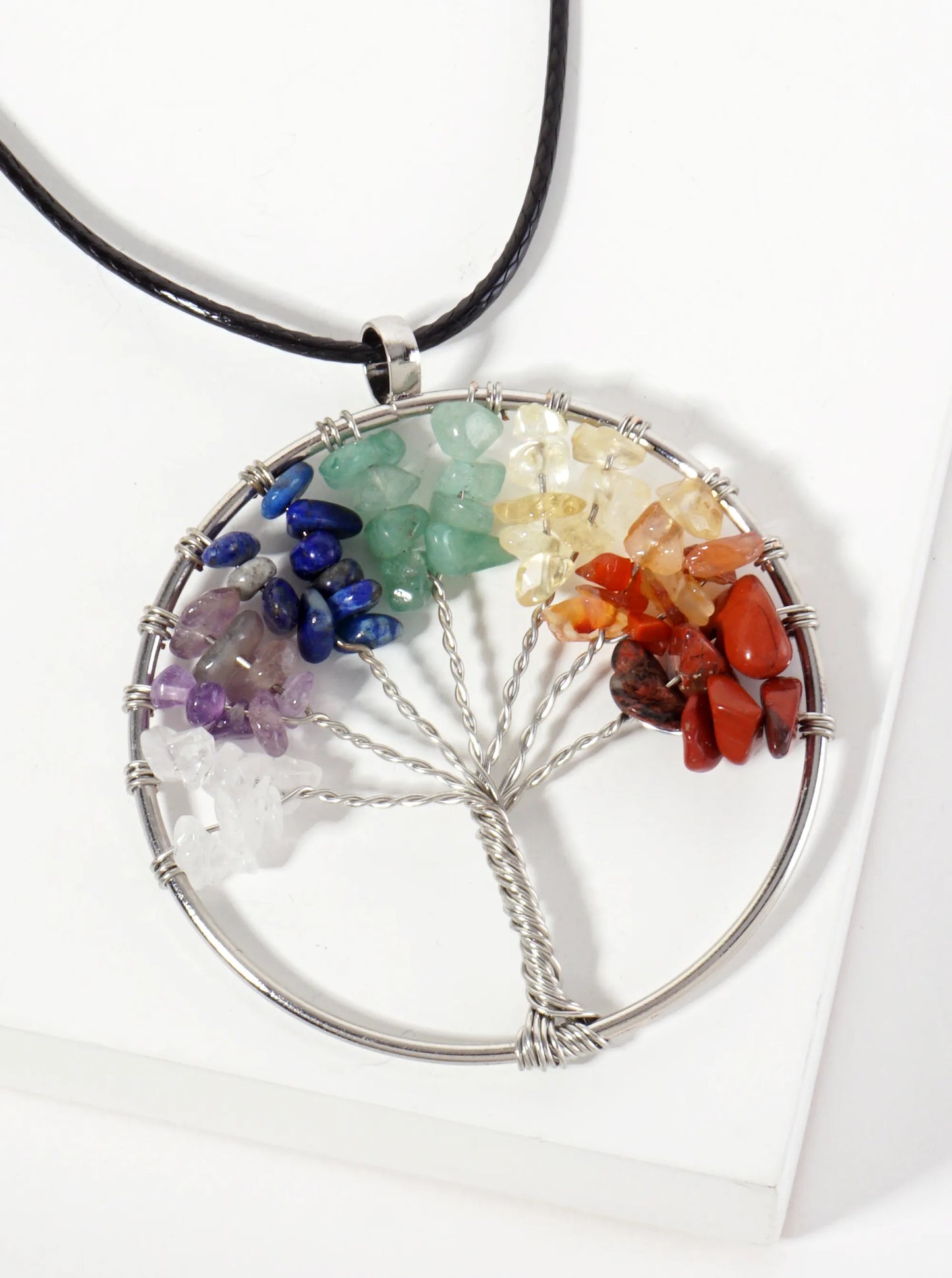 Spiritual-Theme Semi-Precious Natural-Stone Tree-of-Life Pendant Leatherette Necklace