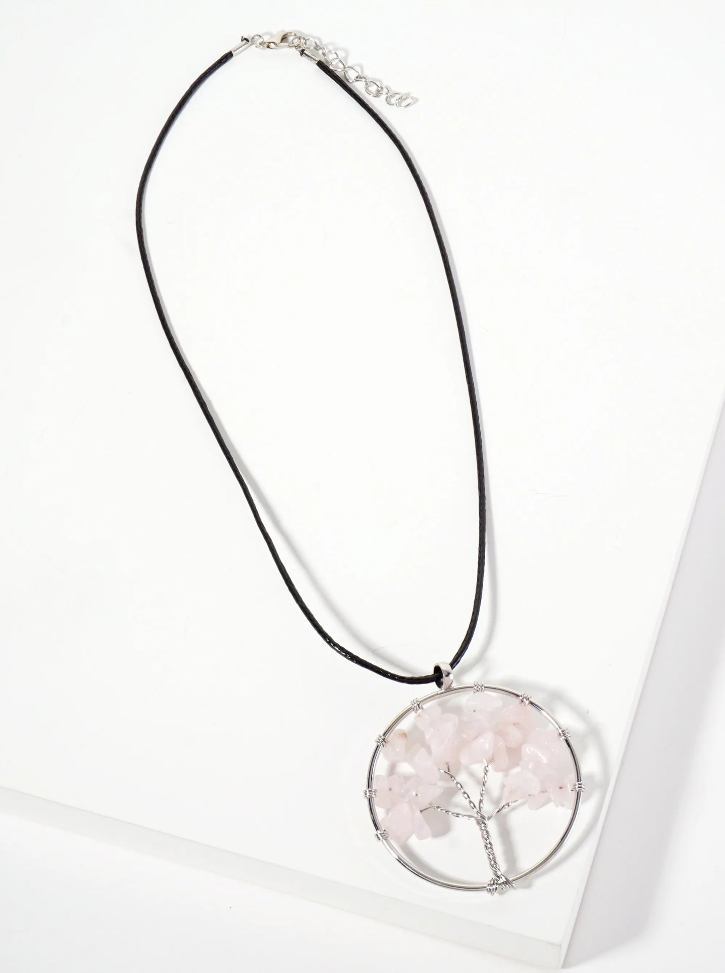 Spiritual-Theme Semi-Precious Natural-Stone Tree-of-Life Pendant Leatherette Necklace