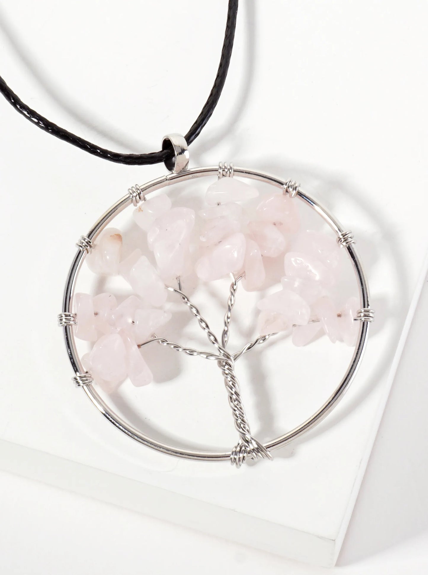 Spiritual-Theme Semi-Precious Natural-Stone Tree-of-Life Pendant Leatherette Necklace