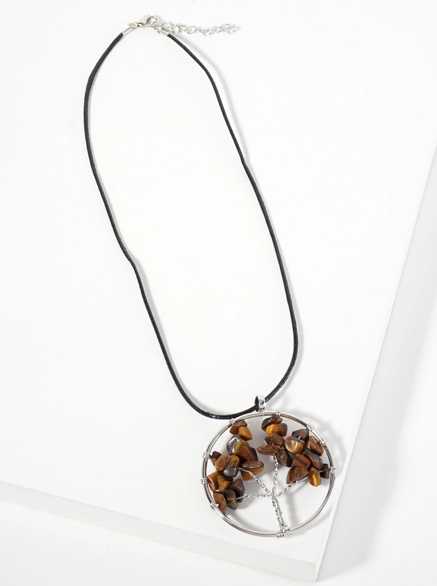 Spiritual-Theme Semi-Precious Natural-Stone Tree-of-Life Pendant Leatherette Necklace