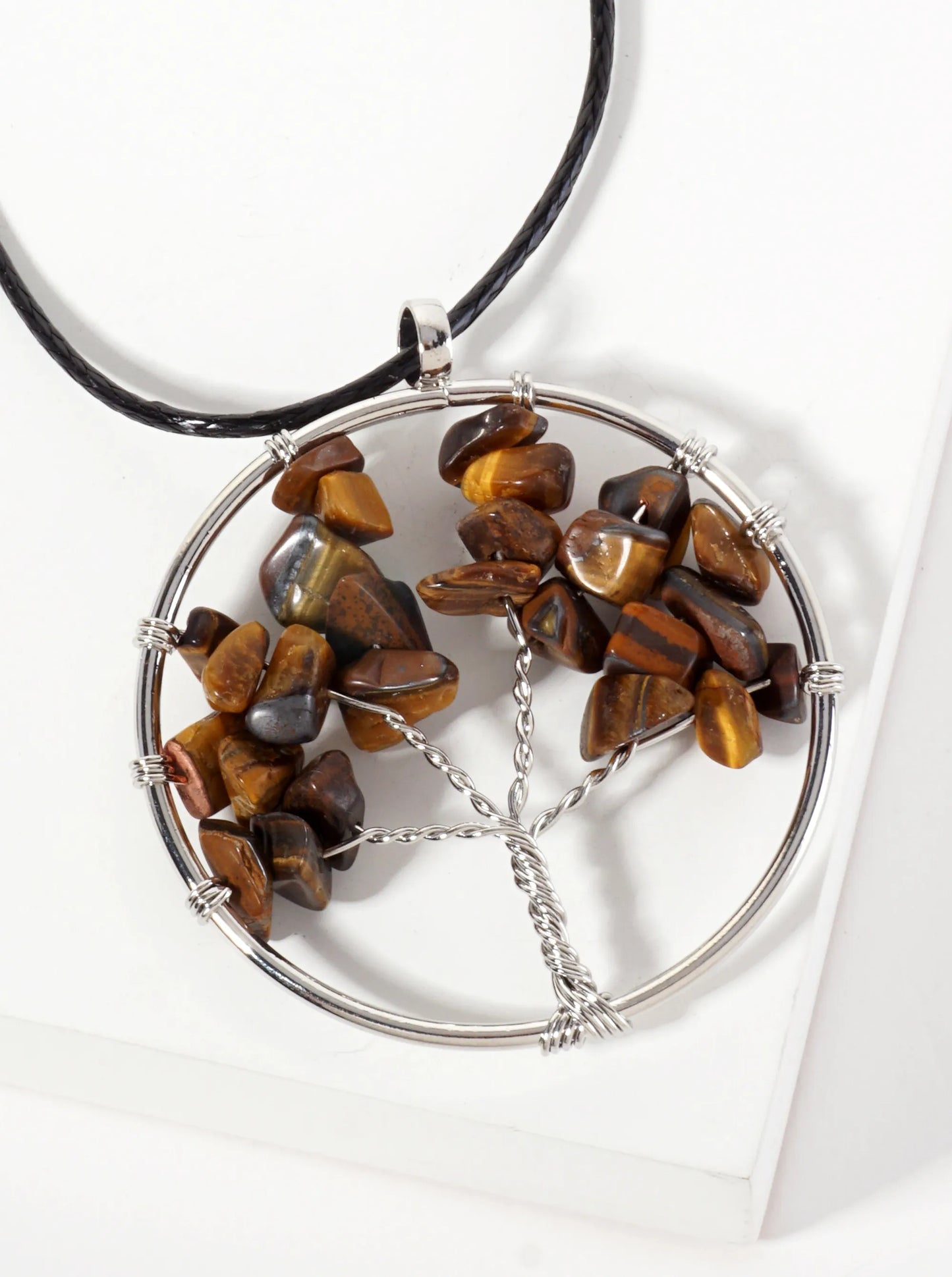 Spiritual-Theme Semi-Precious Natural-Stone Tree-of-Life Pendant Leatherette Necklace