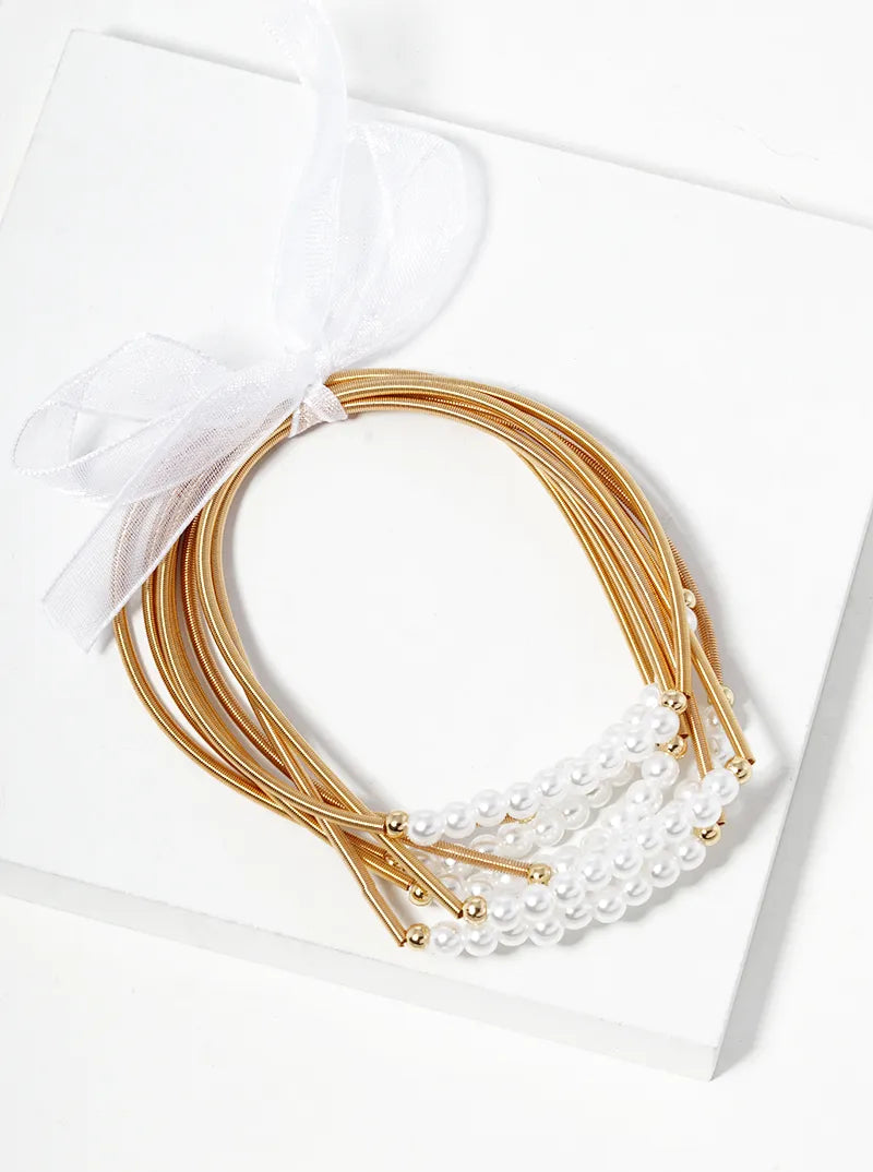 Spring Wire With Pearl Bead Multi Layer Stretch Stackable Bracelet