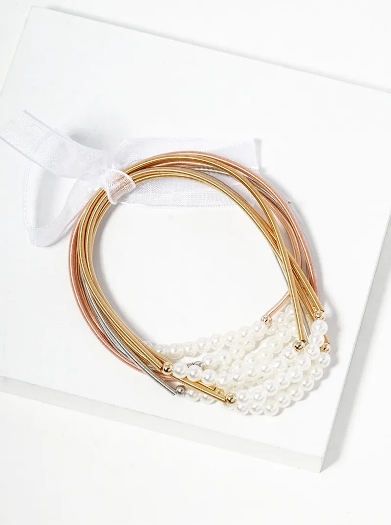 Spring Wire With Pearl Bead Multi Layer Stretch Stackable Bracelet