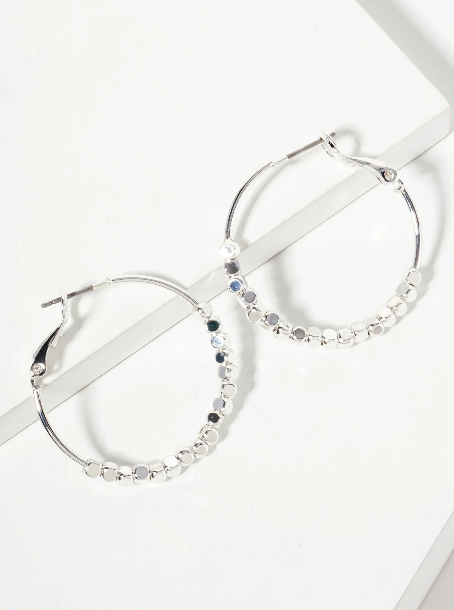 Square Beaded 30mm Polished Latch-back Hoop Earrings