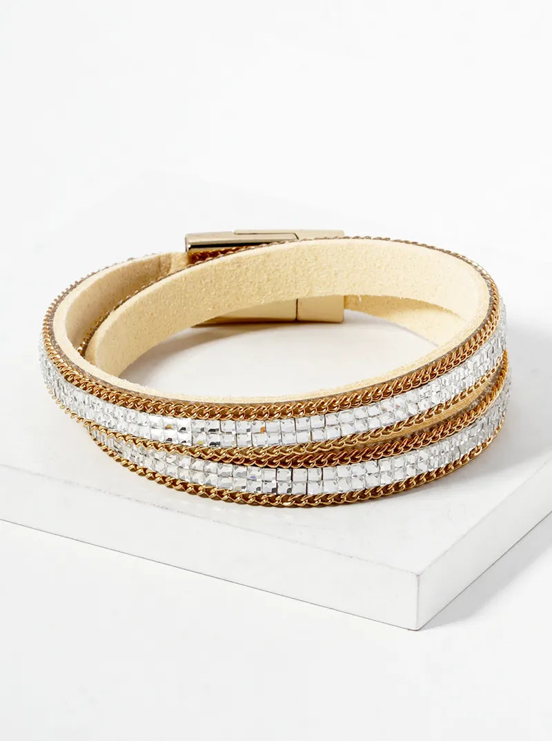 Square Crystal Pave Wrap Around Adjustable Leatherette Bracelet