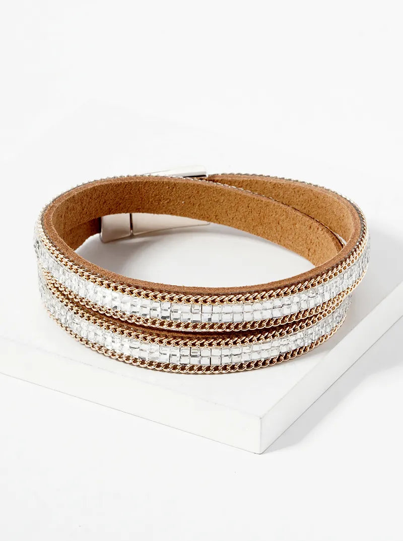 Square Crystal Pave Wrap Around Adjustable Leatherette Bracelet
