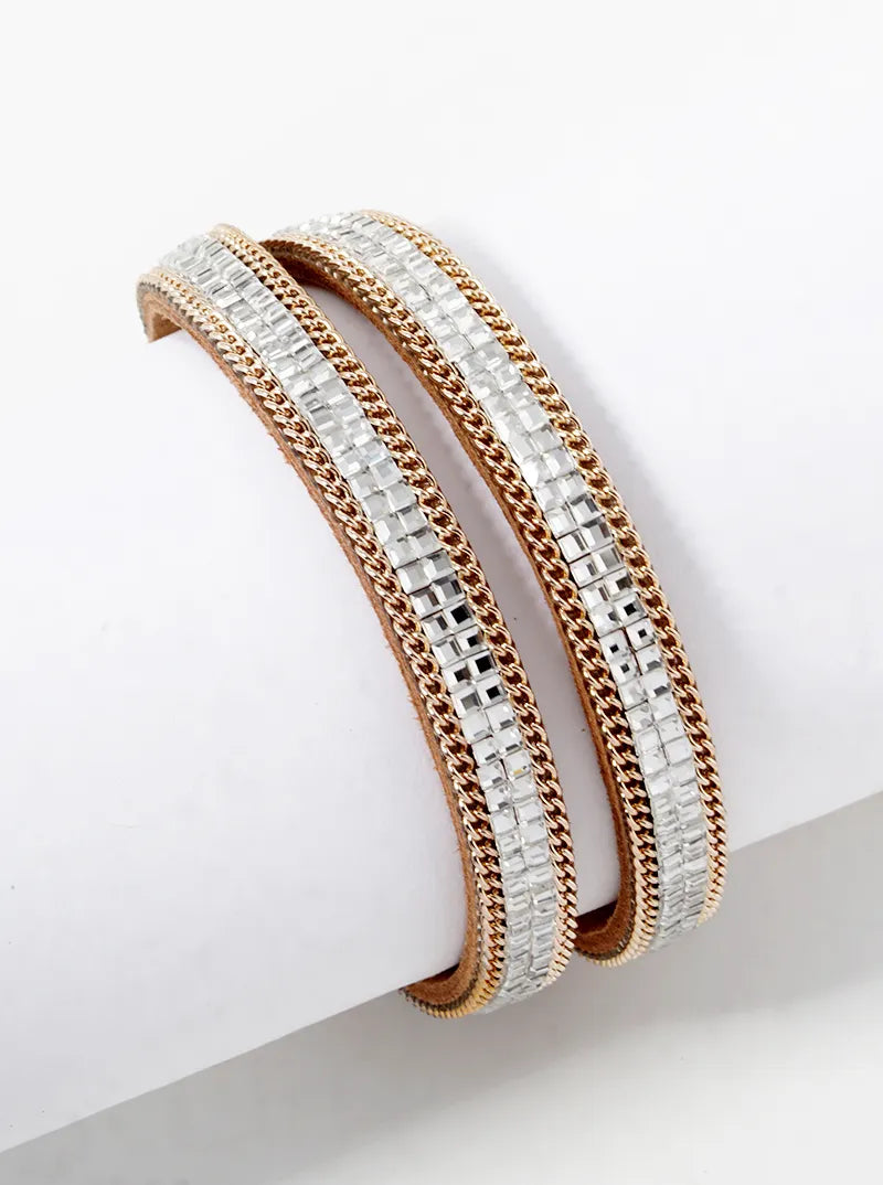 Square Crystal Pave Wrap Around Adjustable Leatherette Bracelet