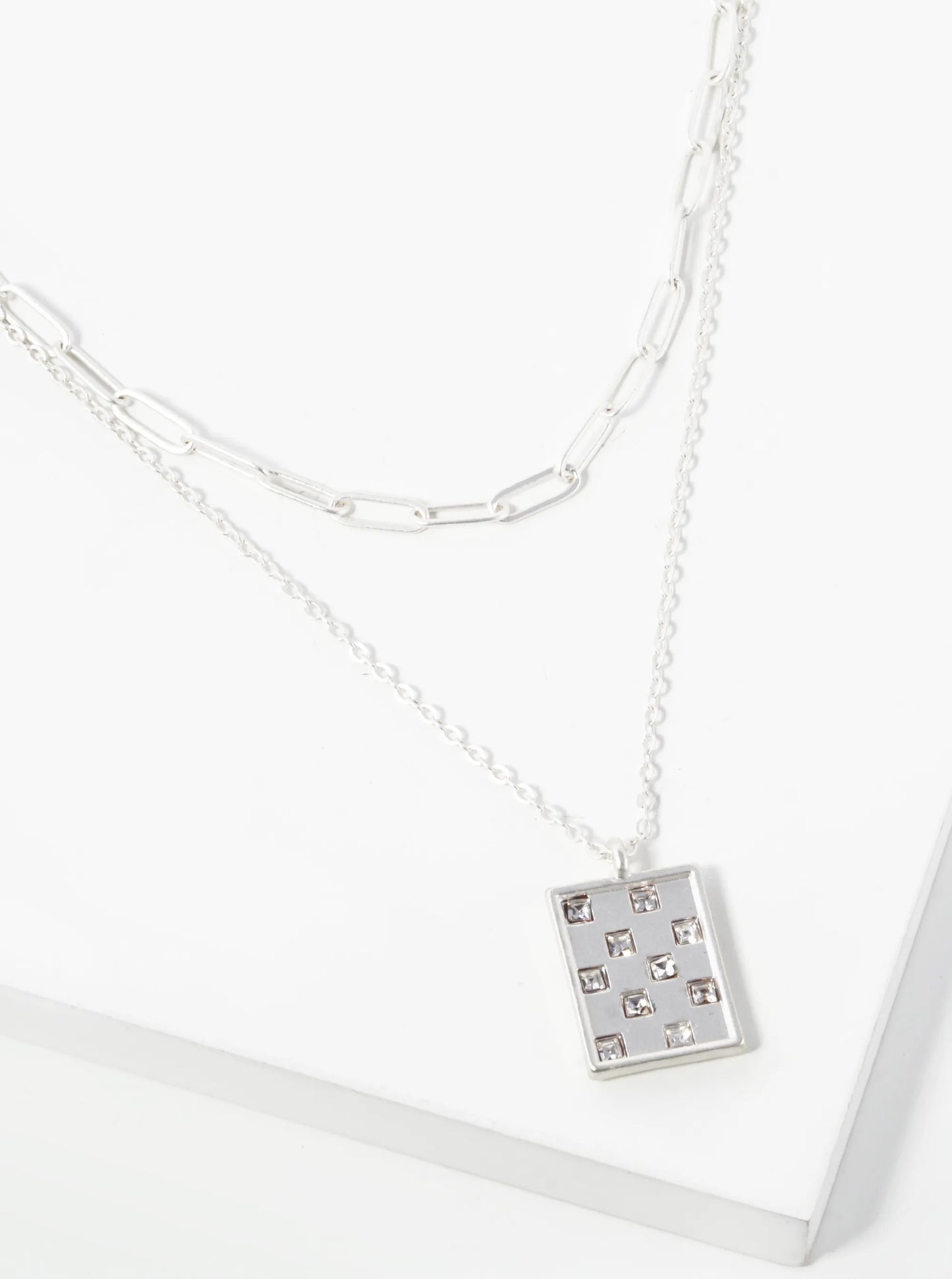 Square Crystal Stone Studded Rectangle Pendant Layered Necklace