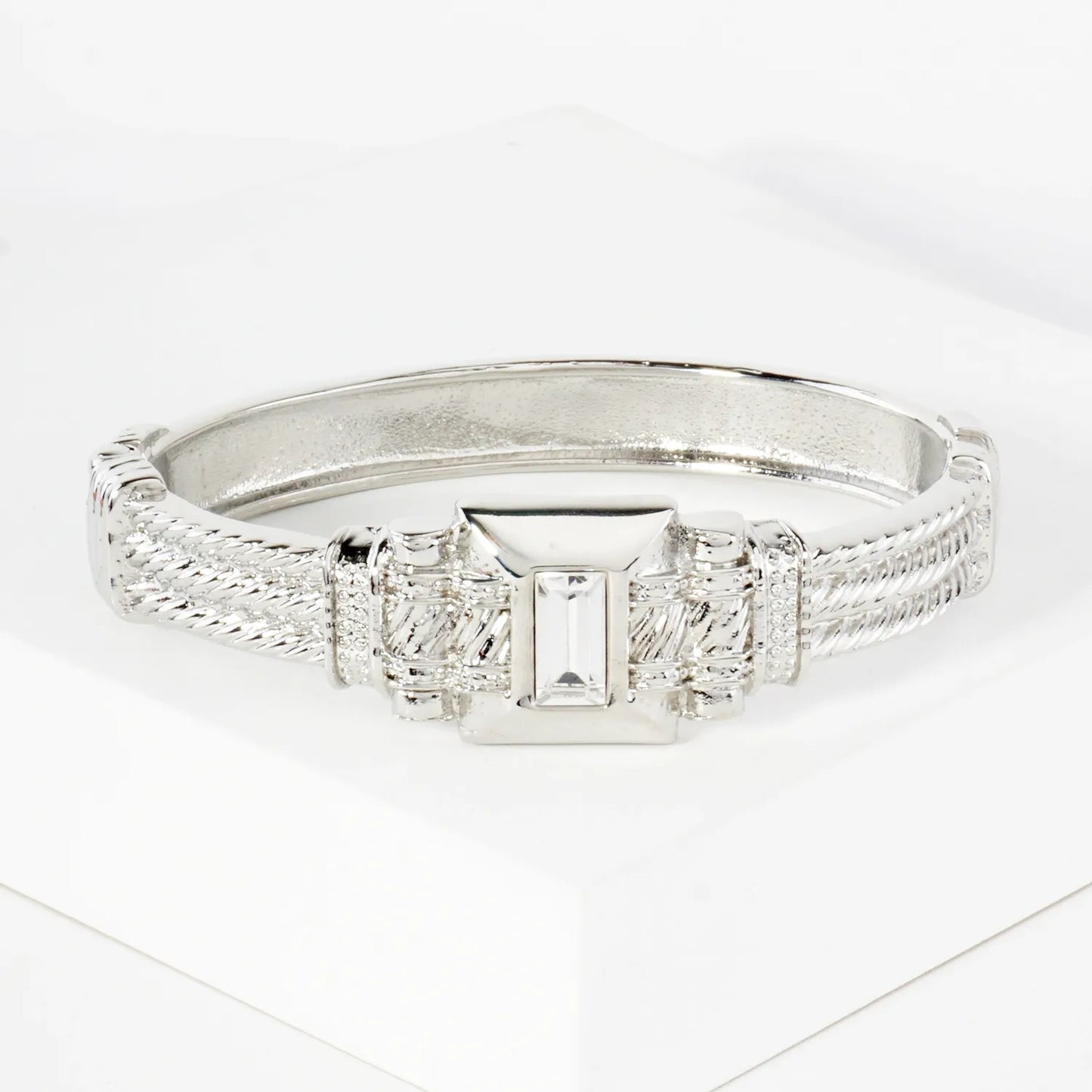 Square-Cut Rhinestone Accent Metal Cuff Bracelet