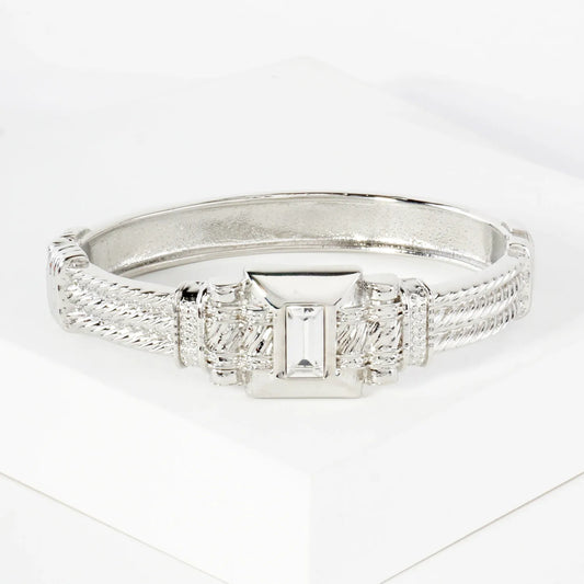 Square-Cut Rhinestone Accent Metal Cuff Bracelet