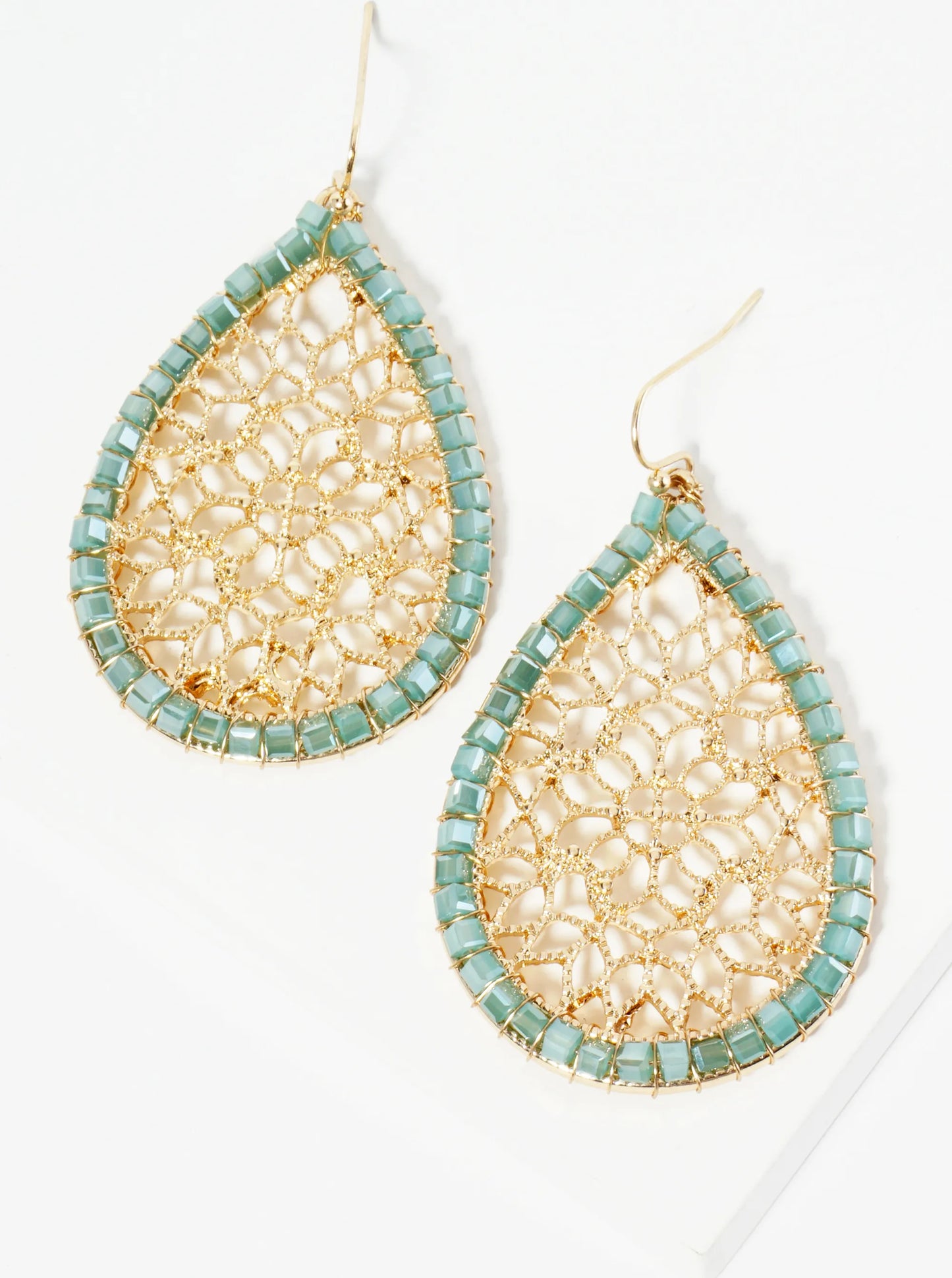 Square Glass Beads Wired Wrapped Filigree Teardrop Dangle Earrings