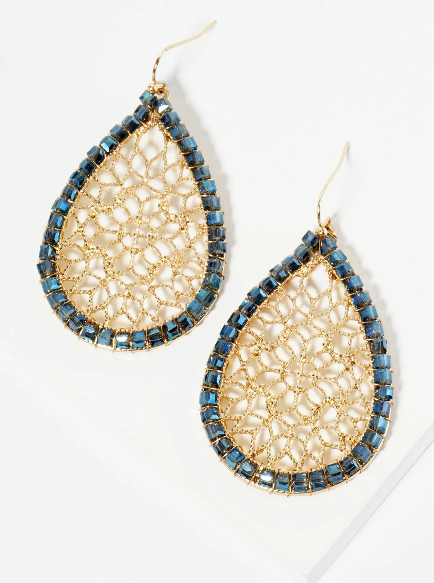 Square Glass Beads Wired Wrapped Filigree Teardrop Dangle Earrings