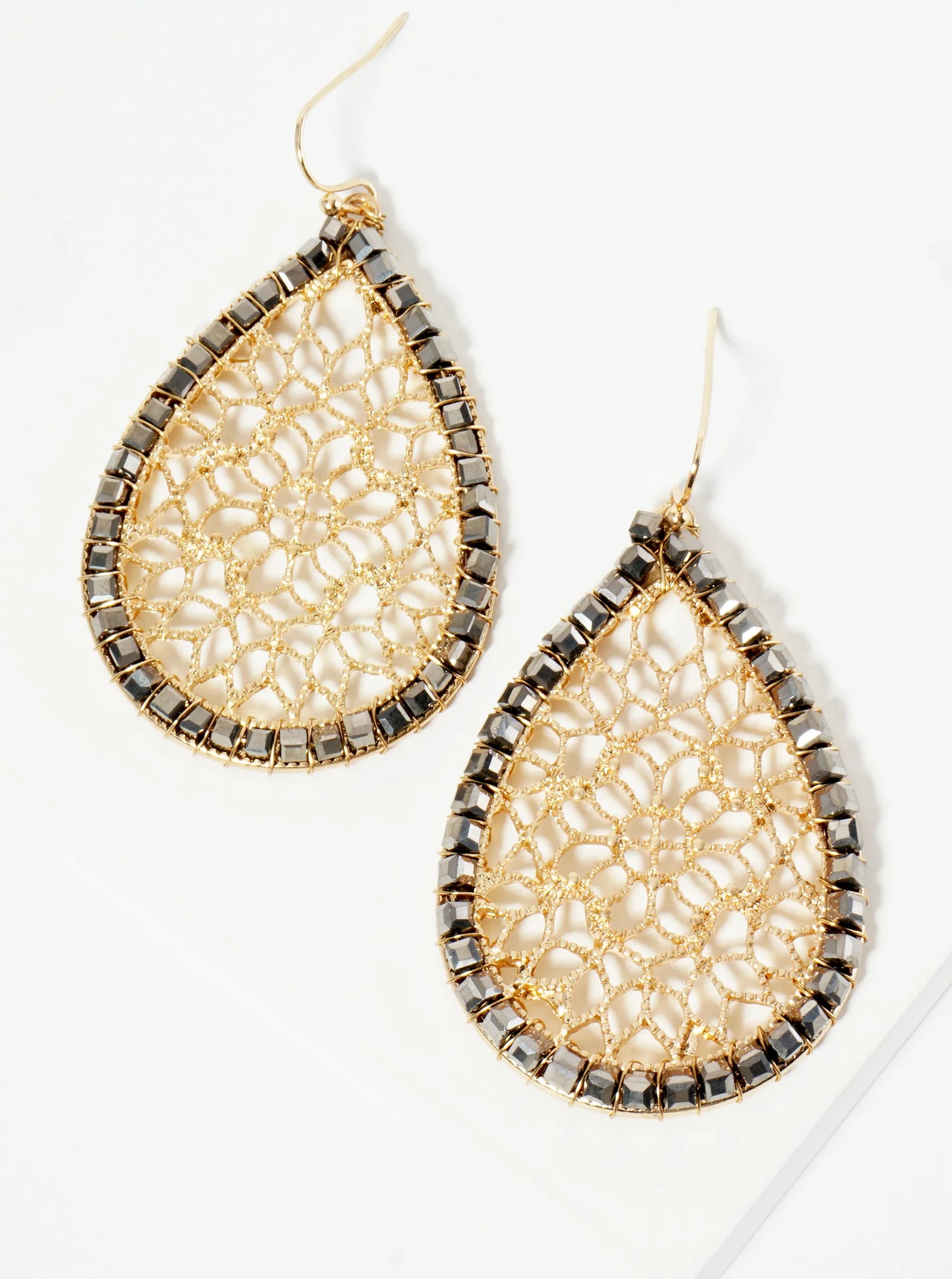Square Glass Beads Wired Wrapped Filigree Teardrop Dangle Earrings