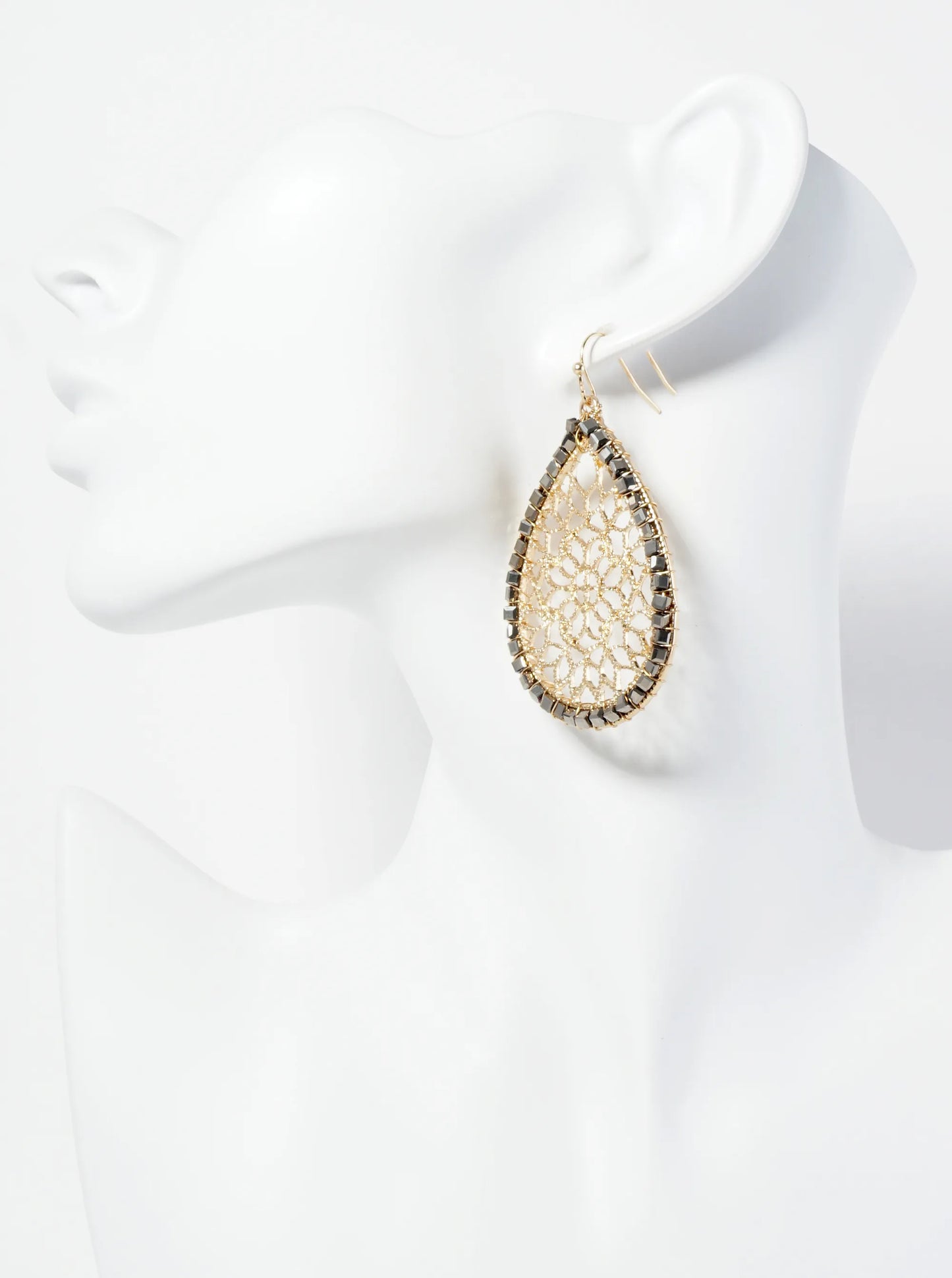 Square Glass Beads Wired Wrapped Filigree Teardrop Dangle Earrings