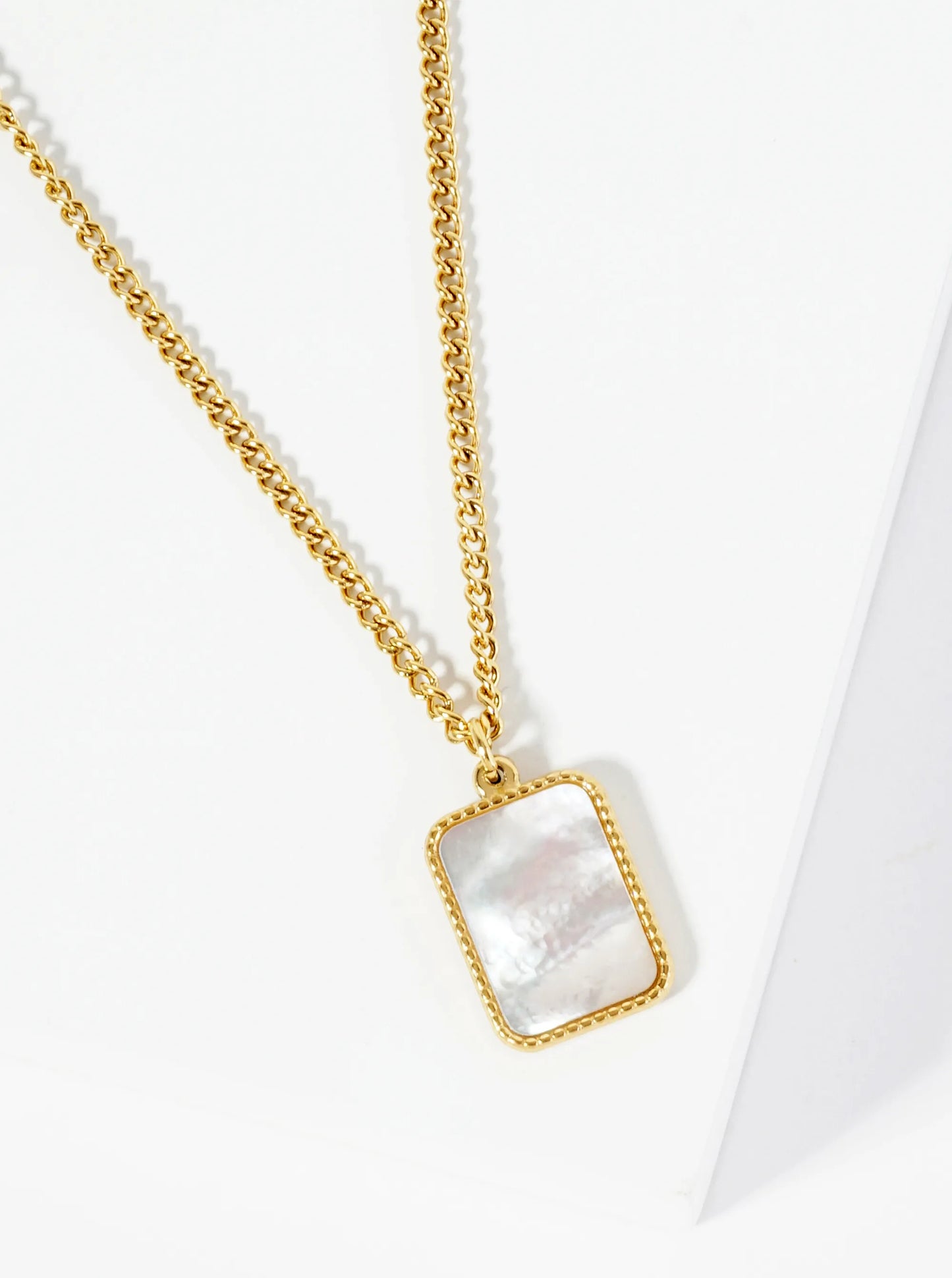 Square MOP Pearl Pendant Hypoallergenic Stainless Steel Necklace