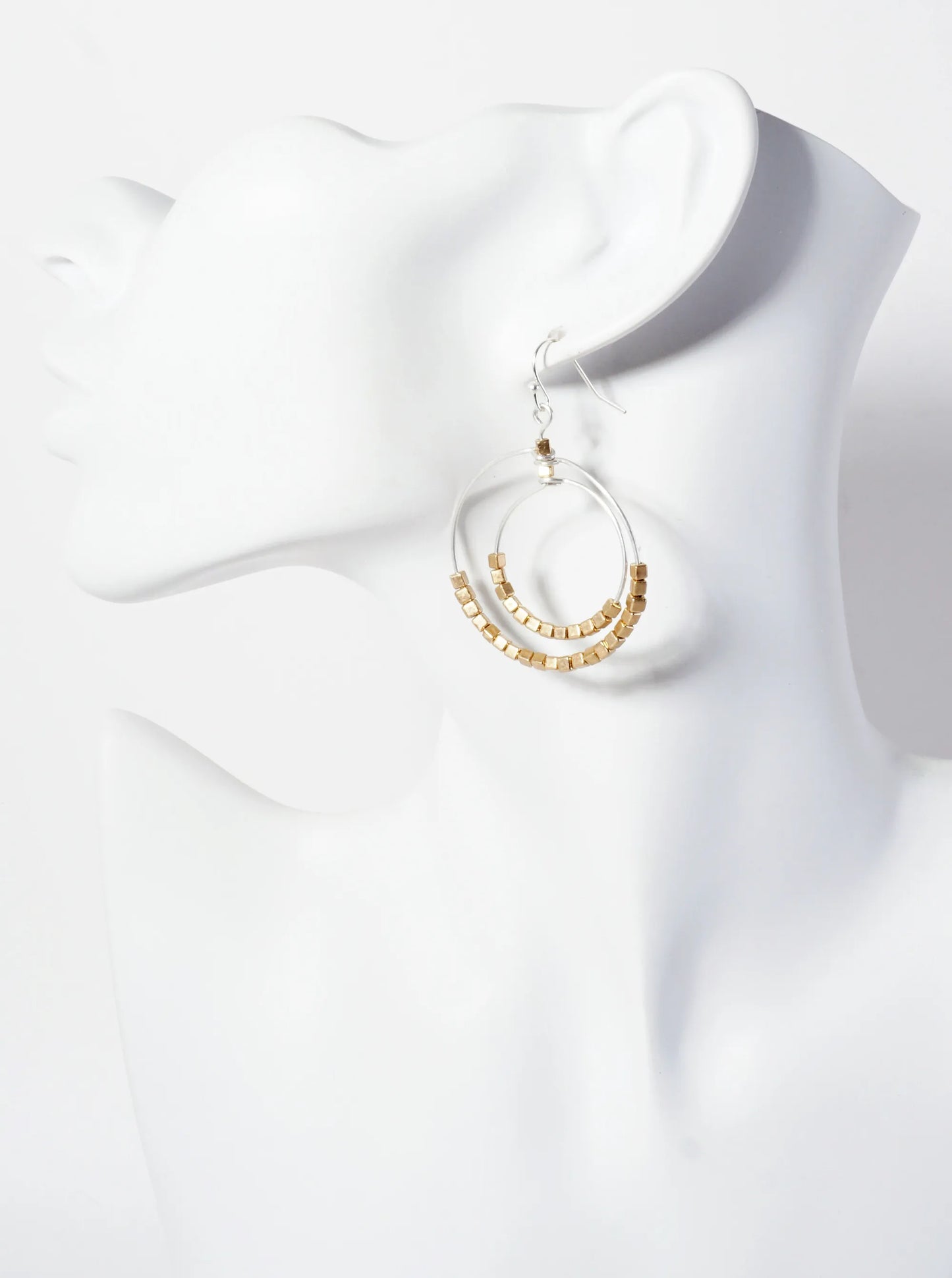 Square Metallic-Beaded Double Wire Circle Dangle Earrings