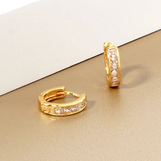 Square Pave-Set Cubic-Zirconia 10mm Gold-Dipped Brass Minimalist Huggie Hoop Earrings