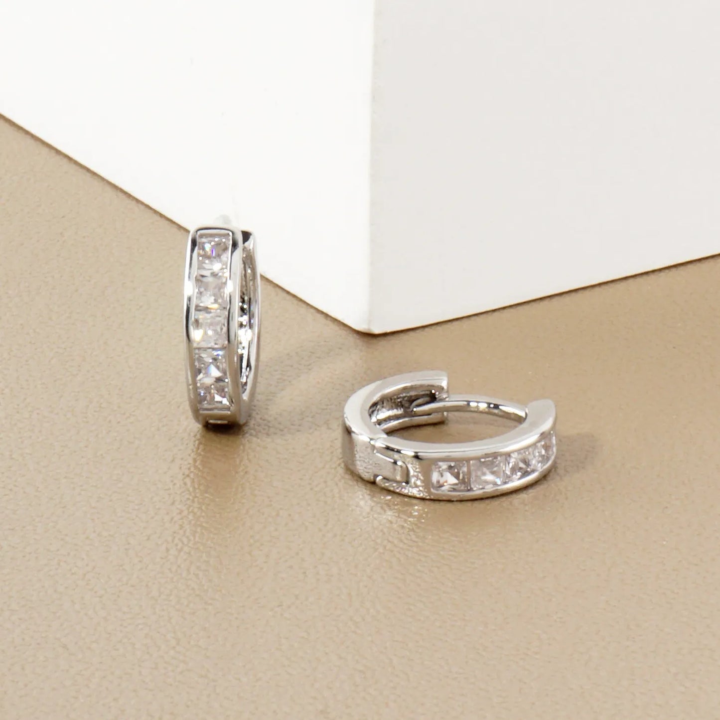 Square Pave-Set Cubic-Zirconia 10mm Gold-Dipped Brass Minimalist Huggie Hoop Earrings