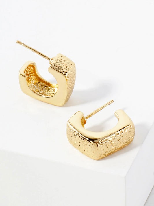 Square-Shaped 13mm 14K-Gold-Dipped Textured Brass Open Huggie Hoop Earrings