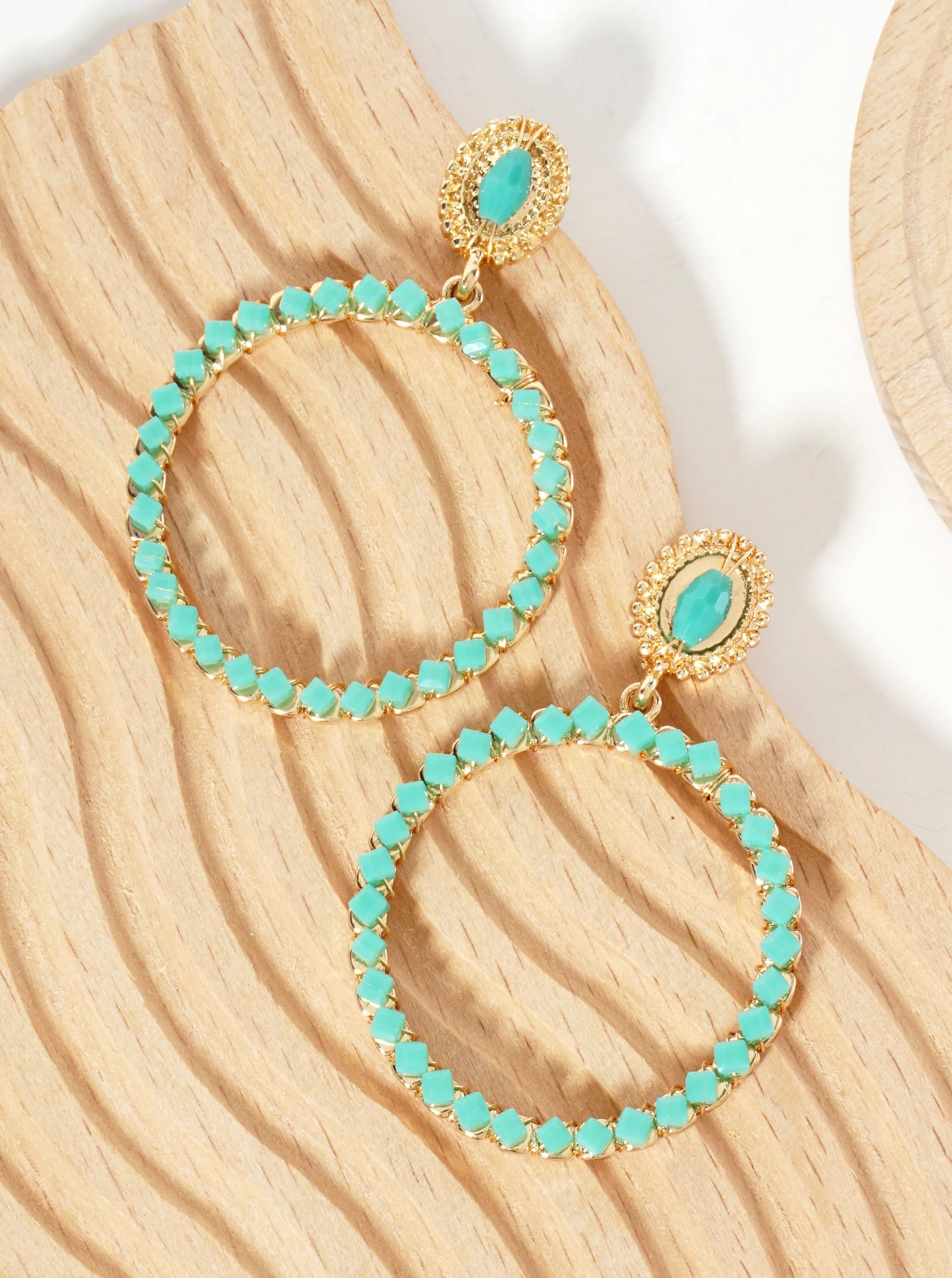 Square-Shaped Glass-Bead Wire-Wrapped Circle Drop Dangle Post Earrings