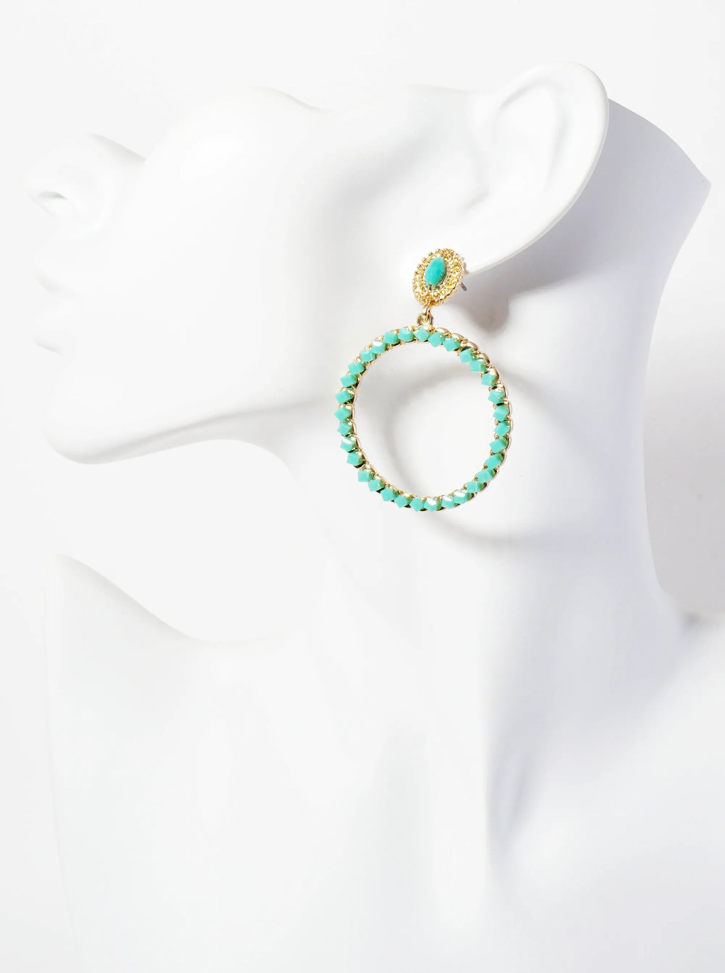 Square-Shaped Glass-Bead Wire-Wrapped Circle Drop Dangle Post Earrings